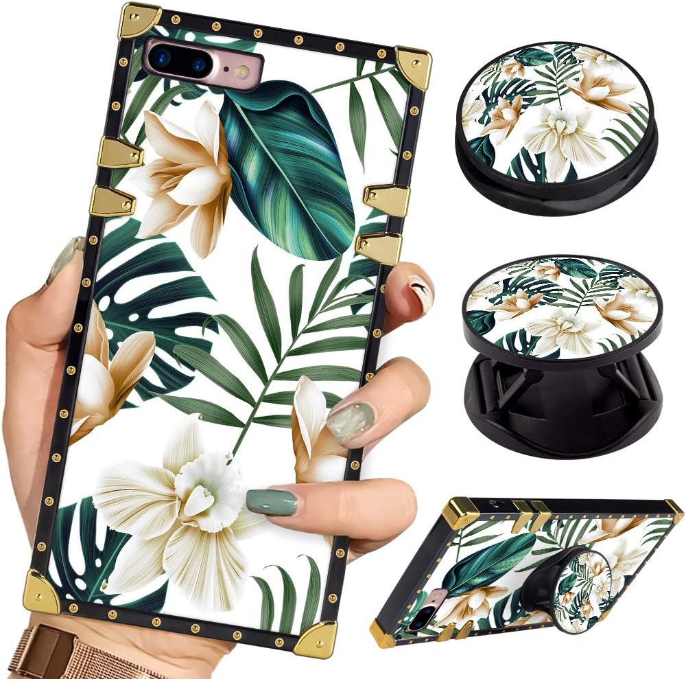 BITOBE Luxury Square Phone Case iPhone 8 Plus iPhone 7 Plus Leaves Flowers Retro Elegant Soft TPU Design Cover for iPhone 7 Plus iPhone 8 Plus