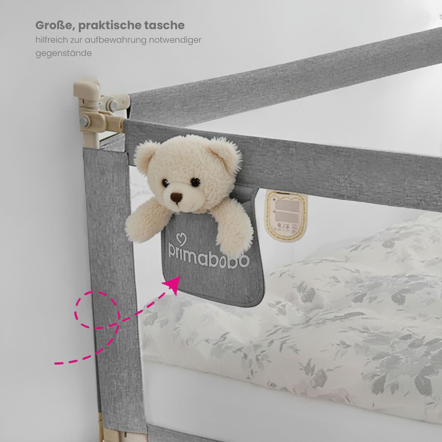 Primabobo Bettschutzgitter 160 cm – Rausfallschutz Kinderbett, höhenverstellbar, extra stabil (1.1 mm Stahl), klappbar & kindersicher, Bettgitter für Kleinkinder – Hellgrau