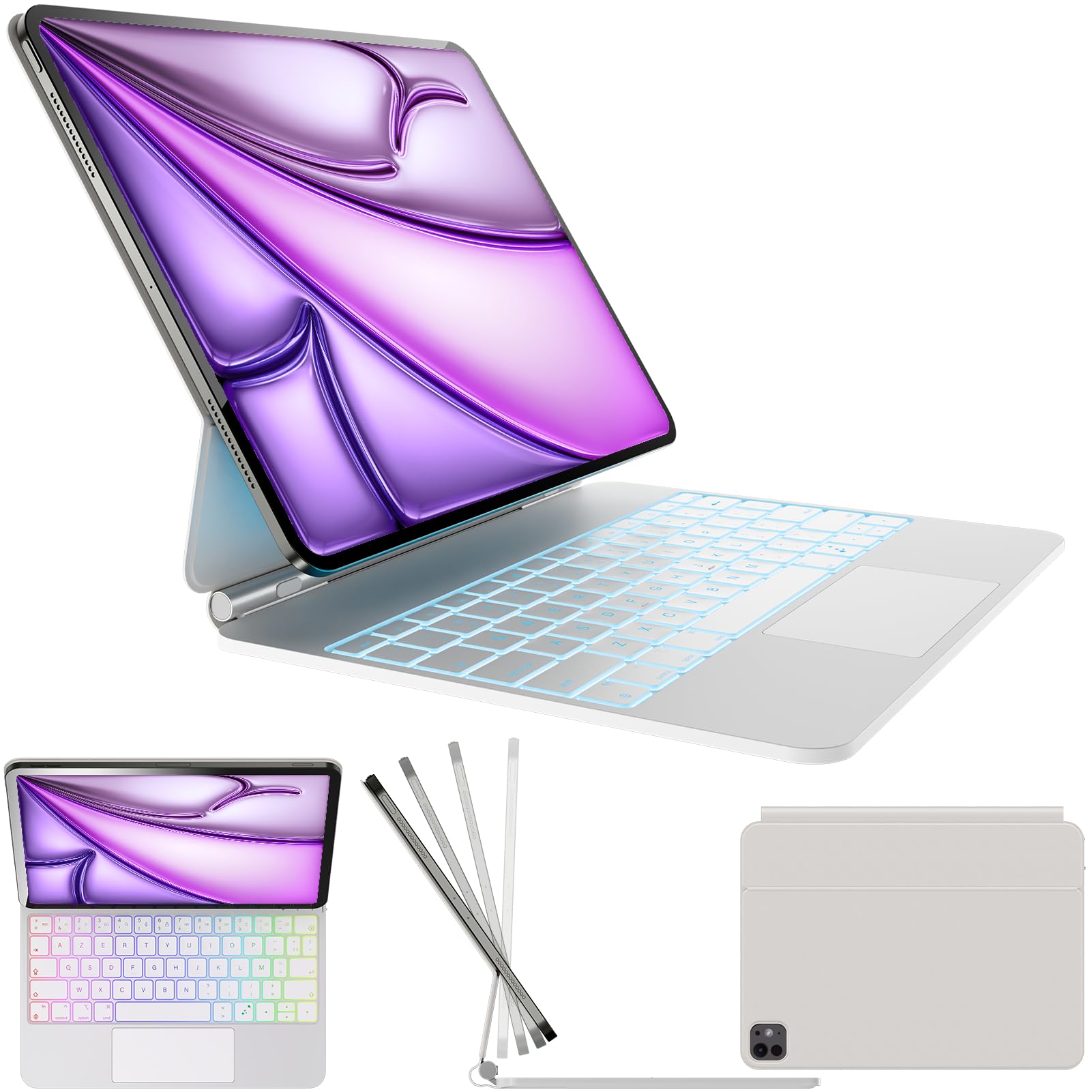 Nuflaz Clavier pour iPad Air 13 Pouce (2024 M2/2025 M3) & iPad Pro 12,9 Pouce (6e/5e/4e/3e Gén) – Clavier AZERTY avec Touchpad, 7 Couleurs Rétroéclairage, USB-C, Magnétique – Noir, X9