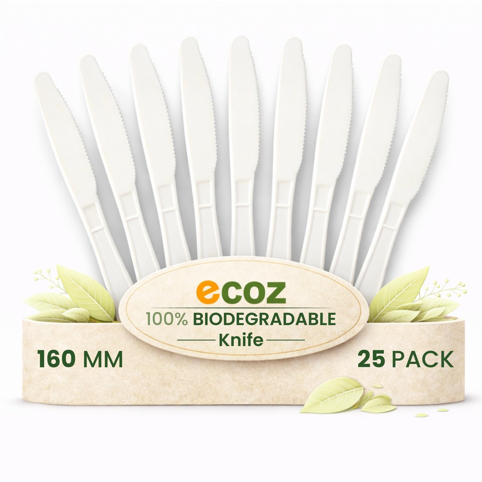 ECOZ Disposable Knife 6 Inch (160 Mm) Pack of 25 Cornstarch Biodegradable Compostable Knife Serrated Edge Cutlery For Cake Dessert Fruit Party Catering Picnic Takeaway