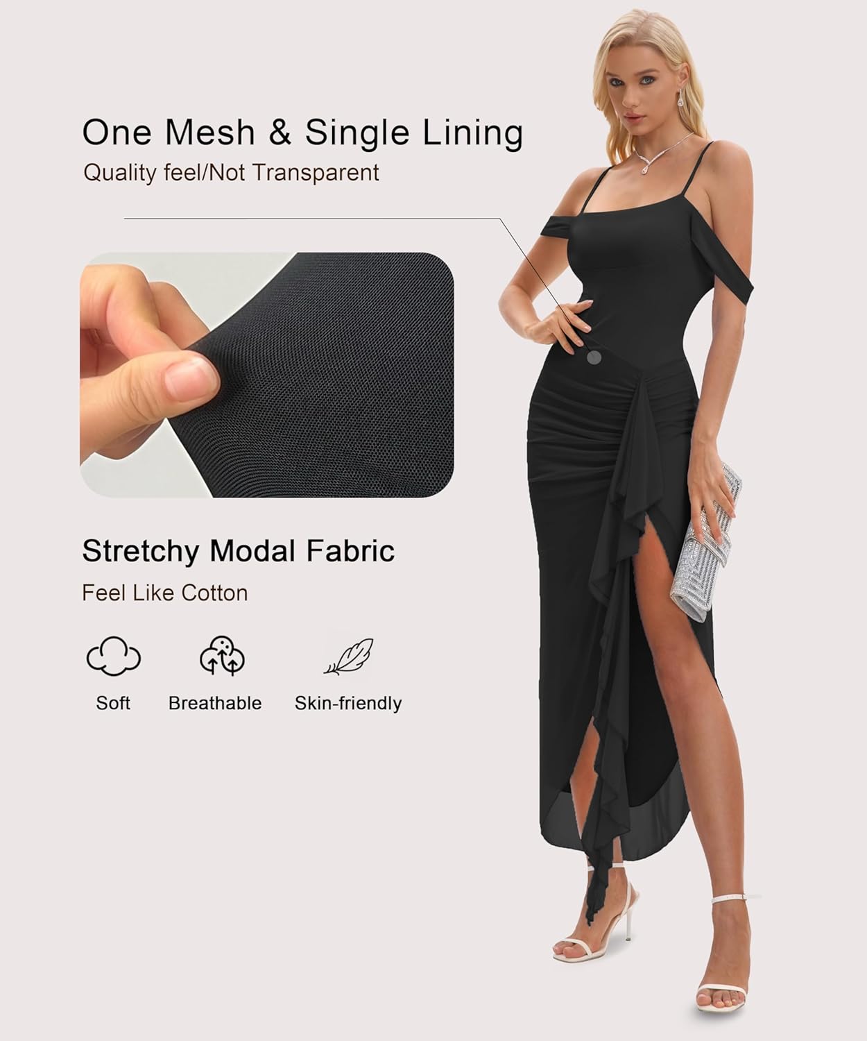 Mesh Ruched High Slit Hem Maxi Dress with Tassel Suspender Dress Formal Evening Party Gown - Image 4