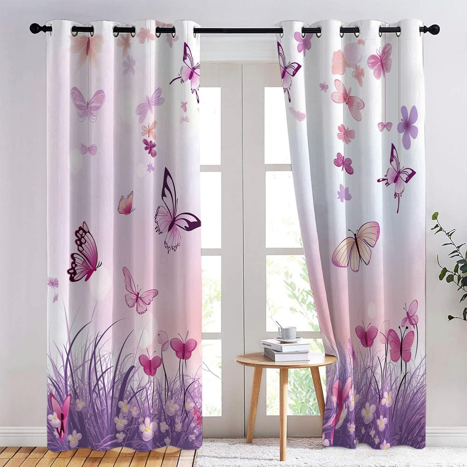 Lot de 2 Rideau Papillon Violet Rideaux Occultants 140x175 cm Fille Imprimé 3D Draperies Ntérieurs Rideaux de Fenetre Isolant Thermique Décoration Rideaux pour Chambre Salon a.1336