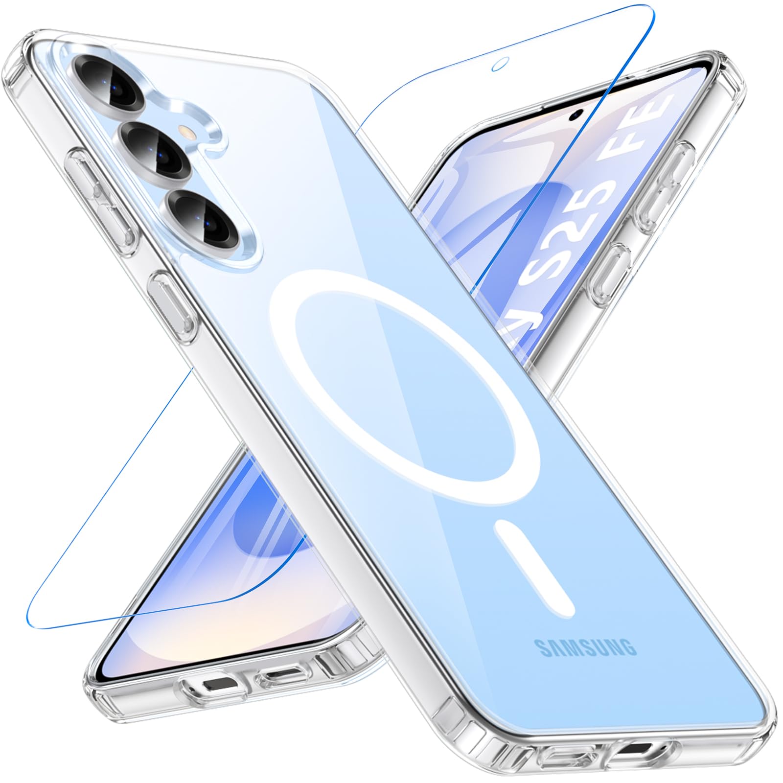 WakongHK for Samsung S25 FE Case,Magnetic S25 FE Case with Screen Protector Magsafe [Military Grade Shockproof] Slim Anti-Yellowing Clear Case for Samsung Galaxy S25 FE,Transparent