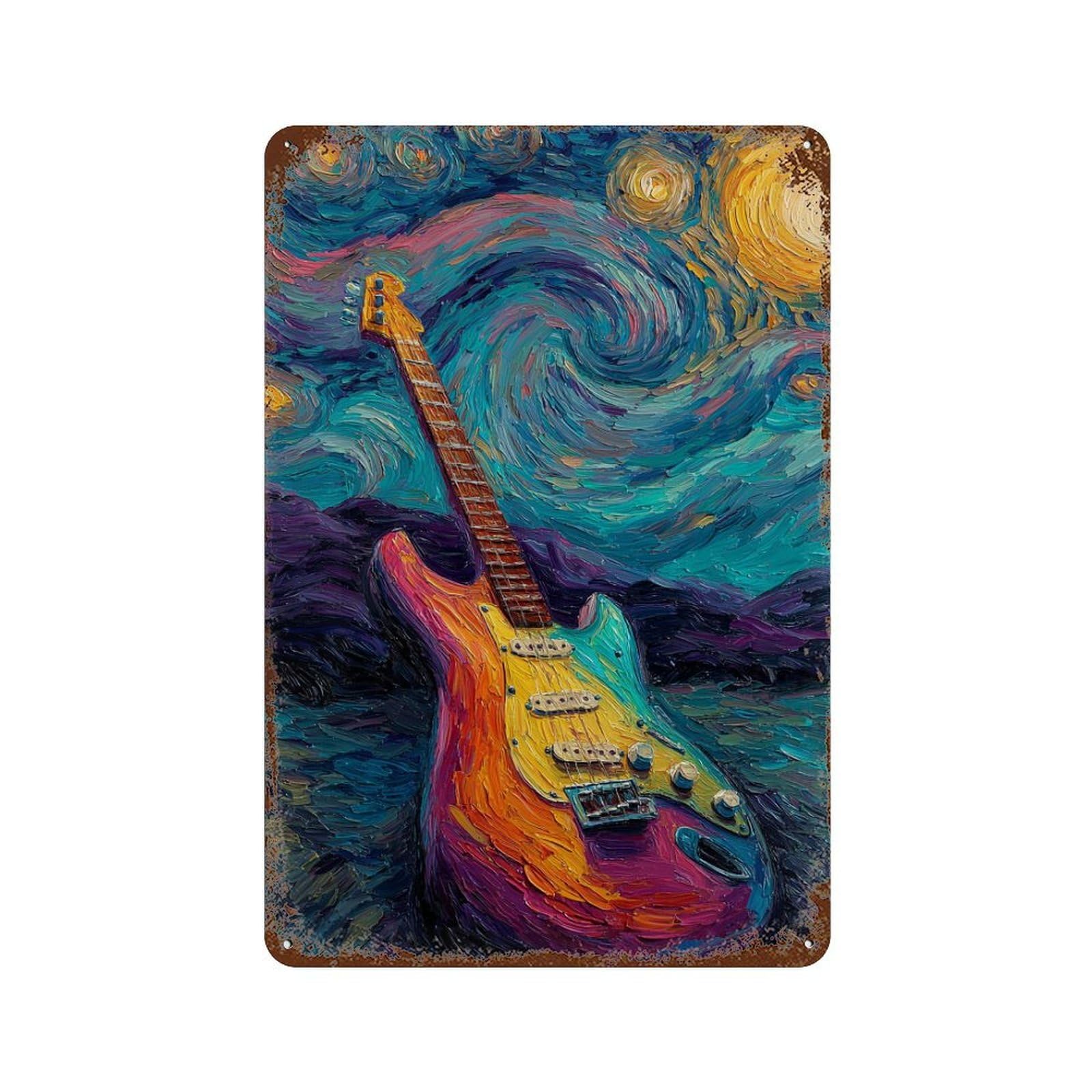 Starry Night Guitar Art Print Distressed Metal Wall Sign 11.8"x7.9", for Farmhouse, Kitchen And Entryway Decor, Rustic Home Decor