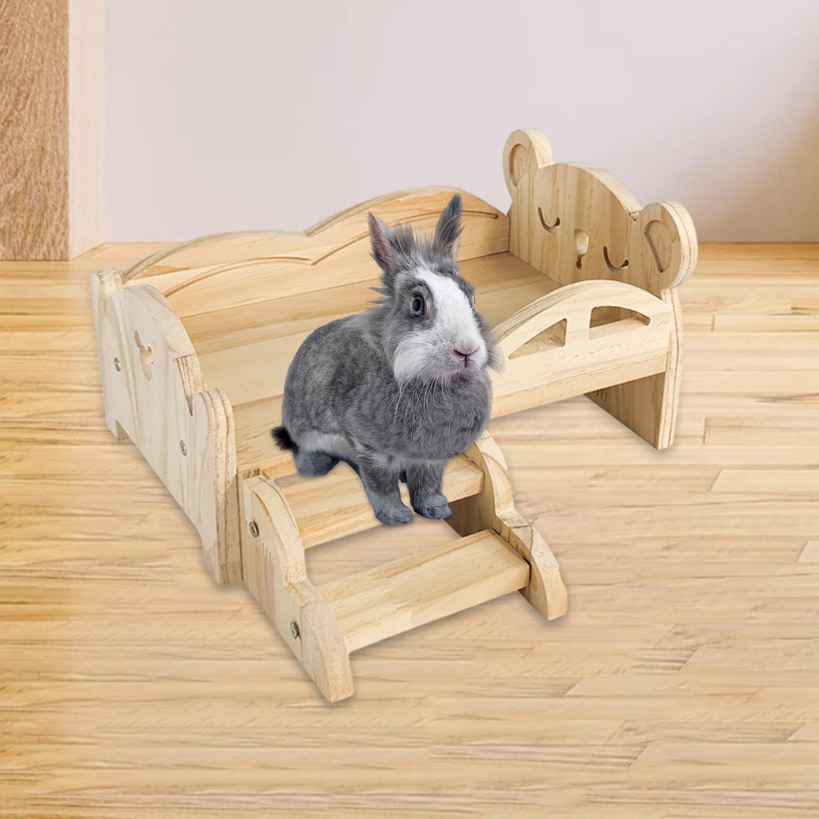 Cama para Cobayas, Cama para Animales Pequeños con Escaleras, Hábitats para Mascotas Pequeñas, Cama de Madera para Hámsteres Y Conejos, Oso Grande