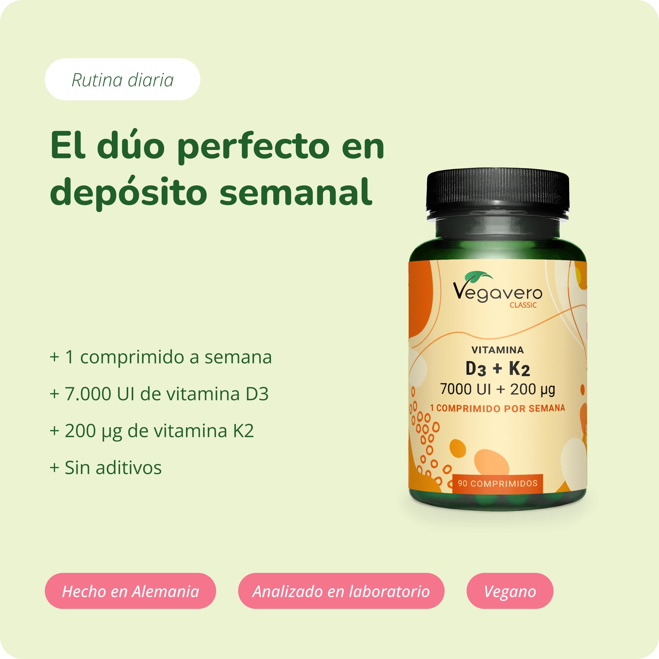 Vegavero Vitamina D3 y K2 + Calcio | PARA 20 MESES | Alta Dosis 7000 UI + 200 mcg All-Trans MK-7 | Sistema Inmune, Huesos y Músculos | Testado en Alemania | 90 Comprimidos | Sin Aditivos y Vegano