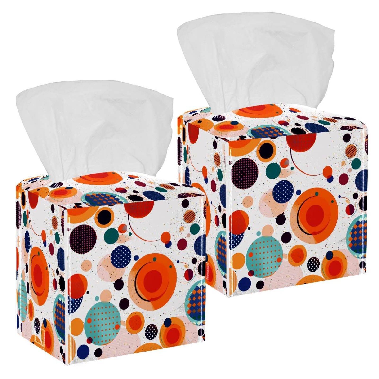 Circles Dots Color Pattern Tissue Box Cover, 2 Pack PU Leather Square Facial Tissue Dispenser Box holder for Home Office Car
