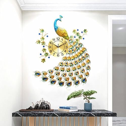 Reloj de pared de pavo real de 8.26 pulgadas, moderno reloj de pared de lujo antiguo 3D de metal grande arte para el hogar, reloj grande de metal
