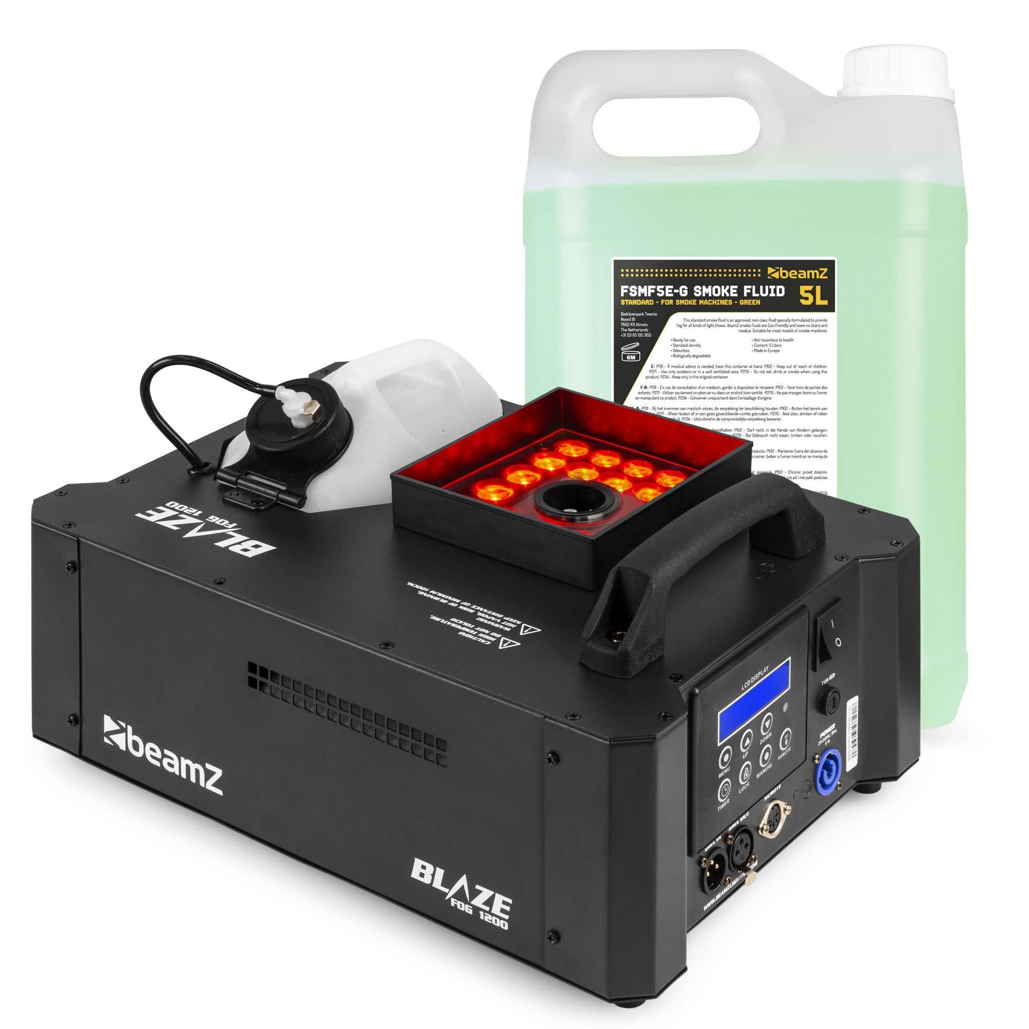 BeamZ BLAZE1200 Machine à Fumée LED 1200W avec 24 LEDs RGBA, Effet Geyser Vertical et Horizontal, Contrôle DMX 512, Modes Auto et Musical, Télécommandes et 5L de Liquide Inclus