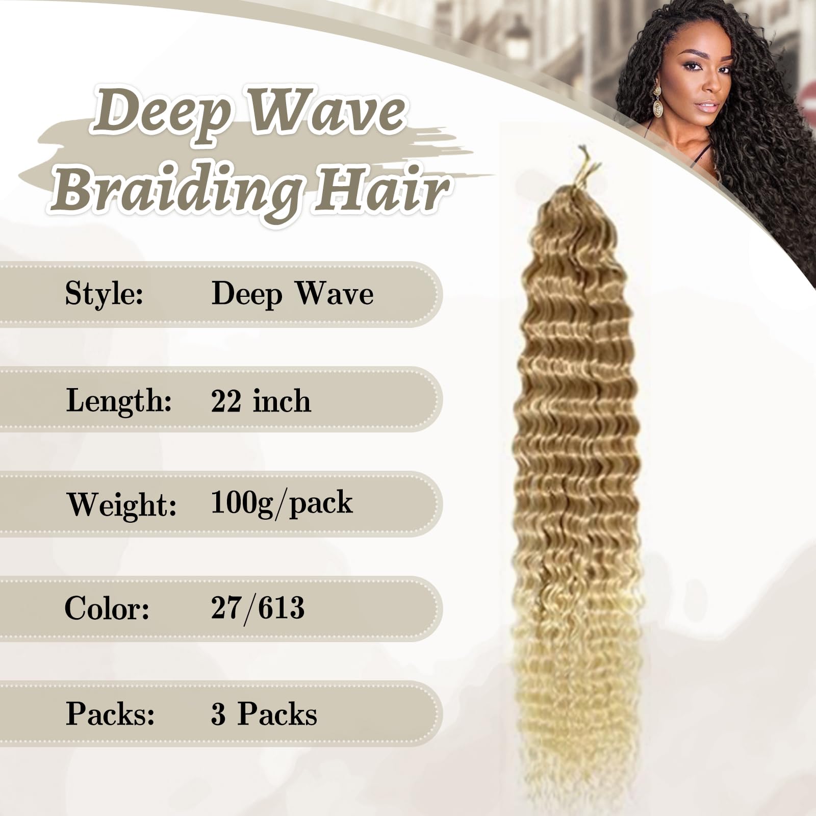 Ocean Wave Crochet Hair 22 inch Deep Wave Crochet Hair 3 Packs boho hair for braiding Hair Extensions curly Braiding Hair for Black Women water wave crochet hair (27/613 - Image 2