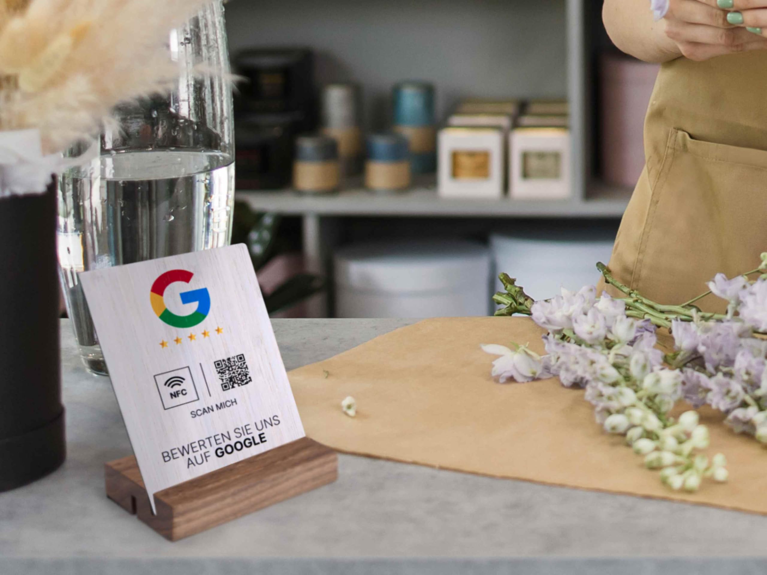 Google Bewertung NFC Schild Bambus 105 x 148 mm mit QR-Code