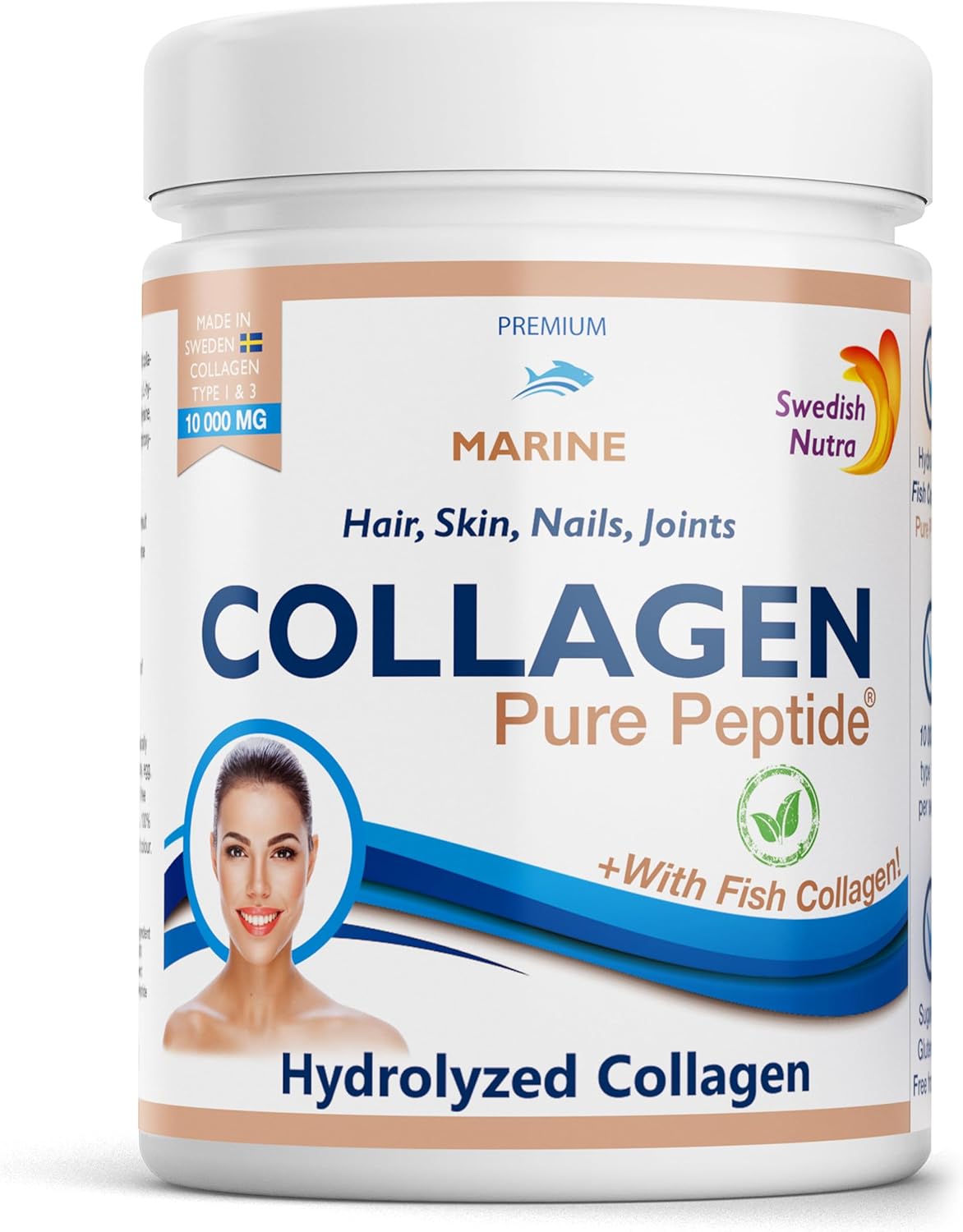 Swedish Nutra – Hydrolyzed Marine Collagen 10,000 mg Powder Supplement – Pack of 300 g, 30 Day Supply | Pure Peptide for Healthy Hair, Skin, Nails and Joints I 100% Natural and Gluten Free