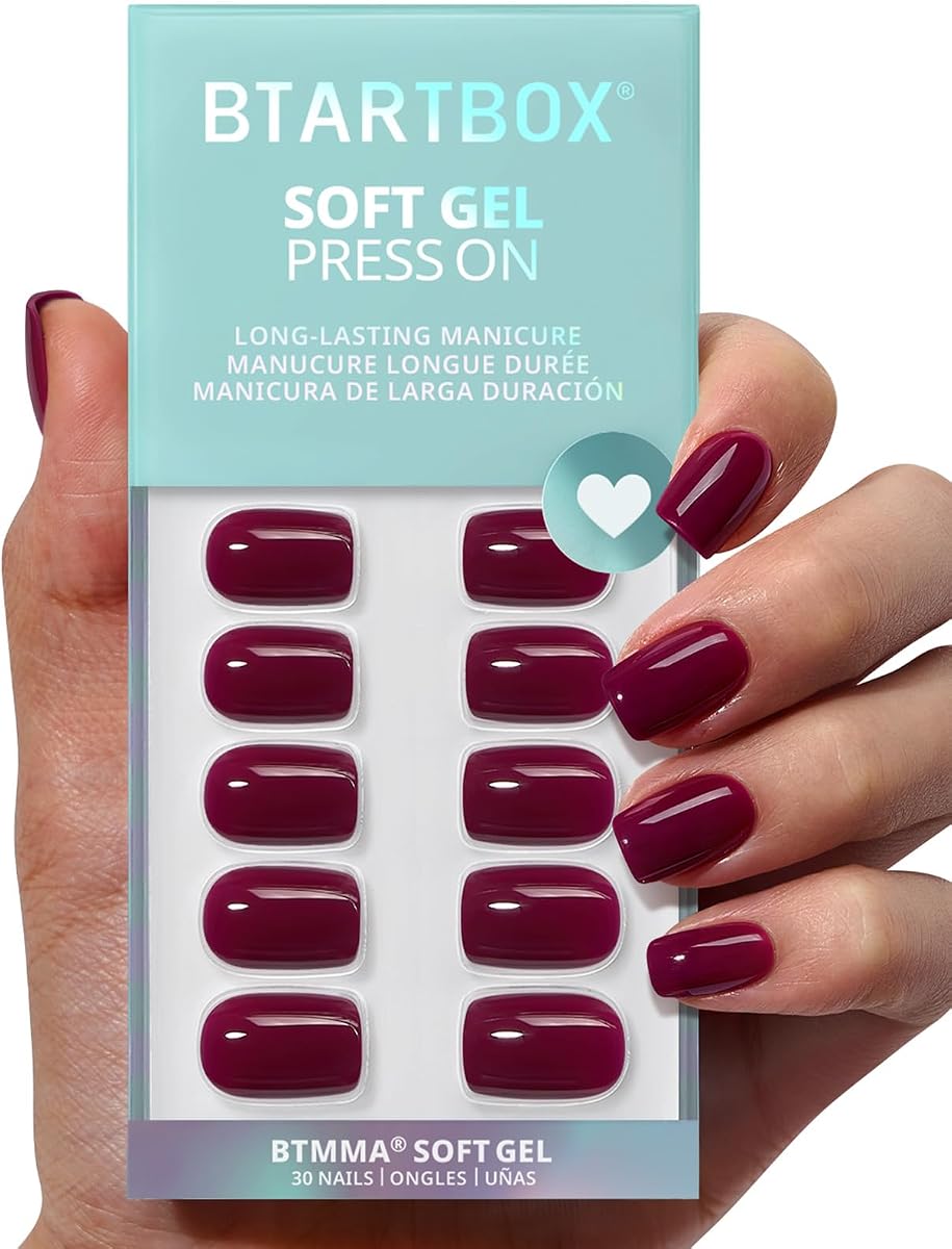 Press On Nails, Blackberry, Short Square, Summer Plum Red, 32Ct | 2+ Weeks Wear, Salon-Quality Natural Nails, 10-Minute Easy Daily Application, Fast Removal, 16 Sizes, All-in-One Complete Kit