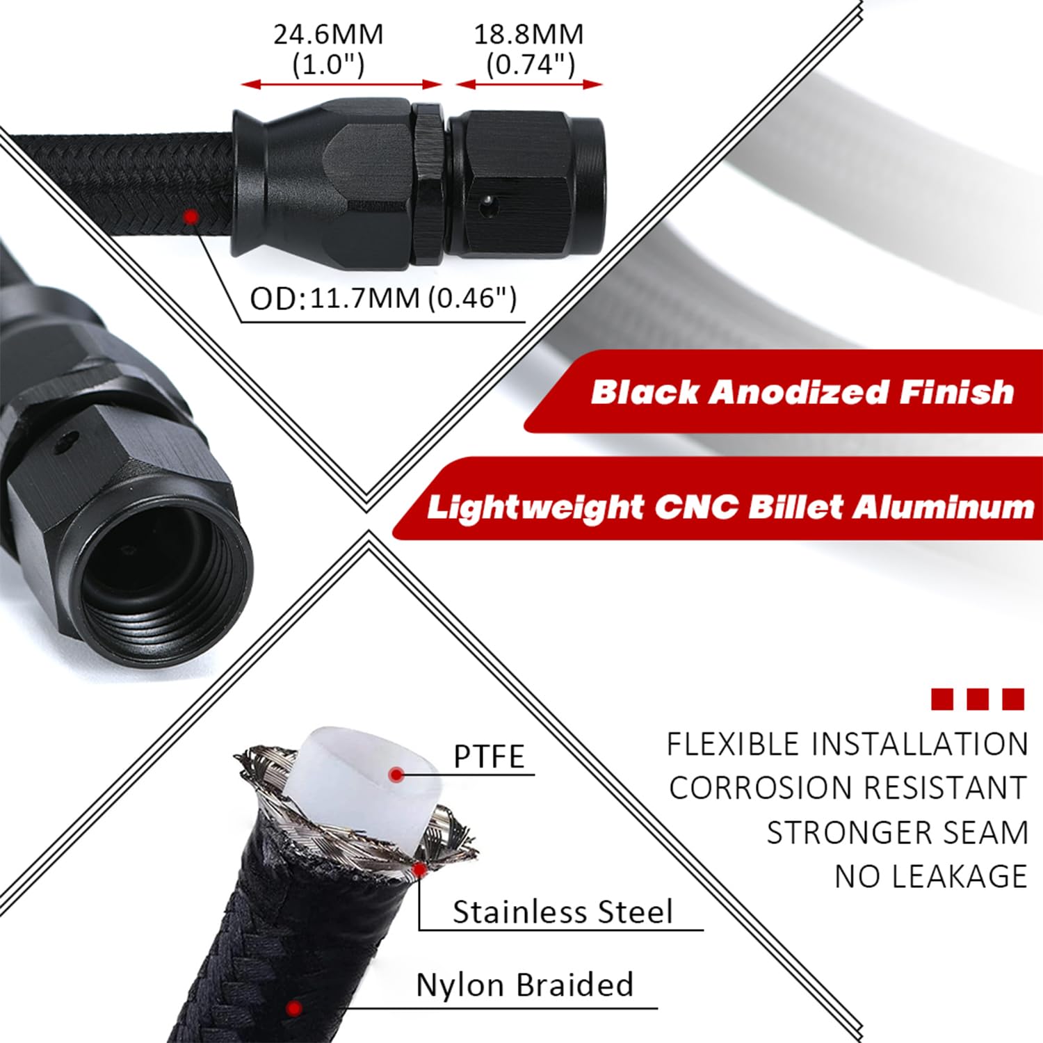 MuHize 70 Inch SS Braided Transmission Cooler Line Kit, Heavy Duty Transmission Cooler Hose Fitting 6AN Compatible With GM Chevy Ford Turbo 700R4 4L60 4L60E 4L65E 4L80E