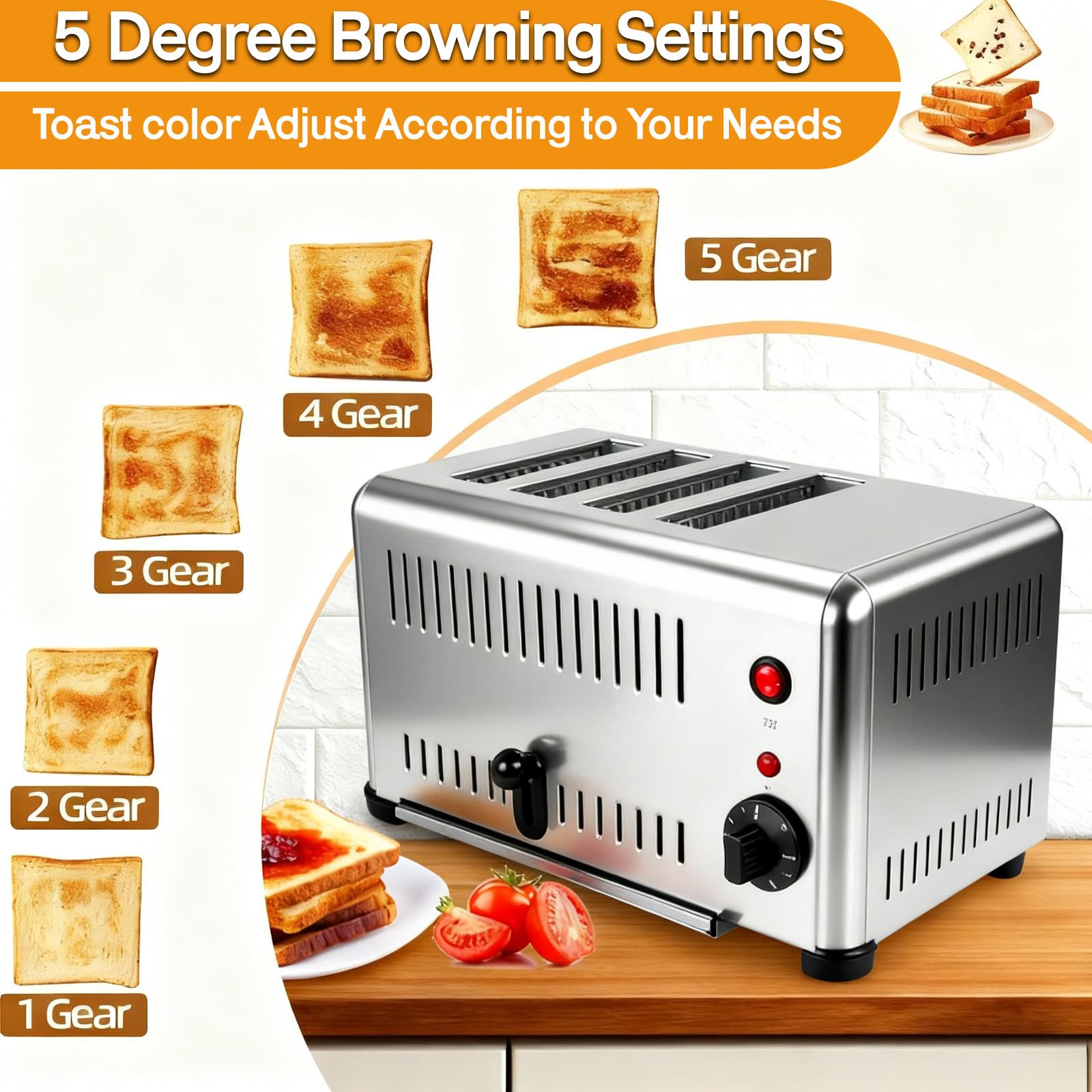 Tostadora comercial resistente de 4 ranuras, 2,24 kW de alta potencia, control de 5 vías, ranuras extra anchas para sándwiches y bagels, incluye bandeja para migas