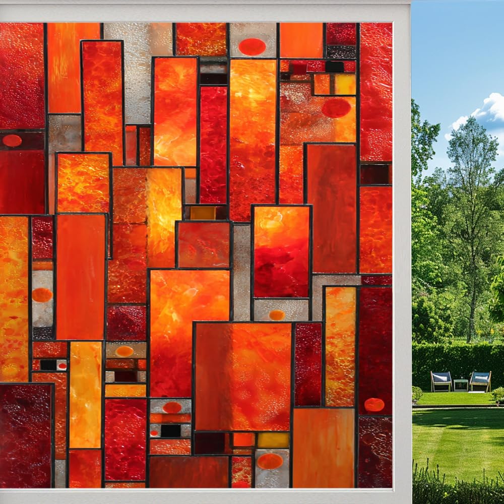 Pmlbaous Line Color Blocks Stained Glass Window Film, Modern Geometry Abstract Peel And Stick Privacy Film, Frosted Adhesive Vinyl Decorative For Bathroom Windows Glass Doors, （80X140cm）