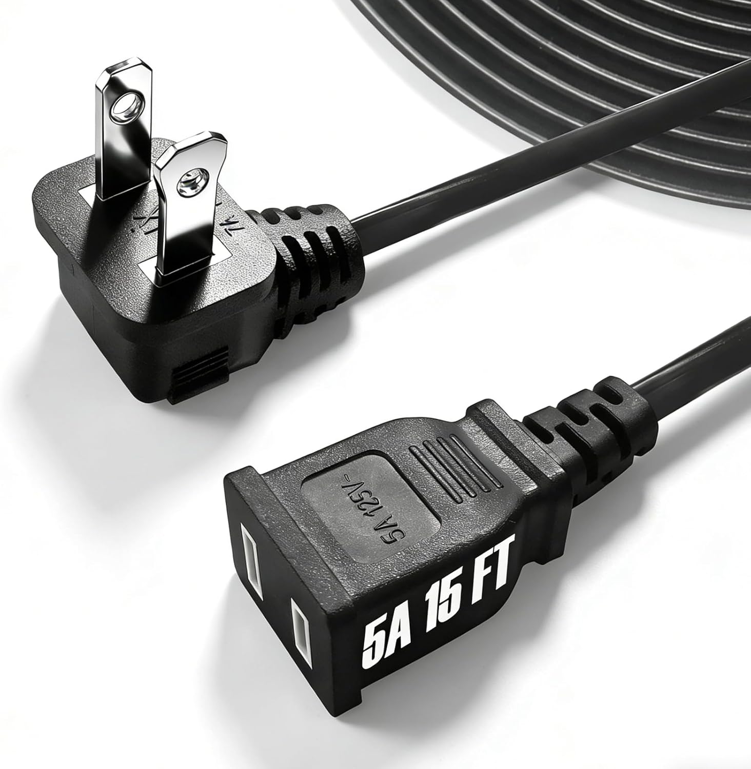 15ft Right Angle Extension Cord 5A 125V 625W Max, 2-Prong Black Slim Extension Cord for Floor Lamps, Holiday Decorations, Small Appliances