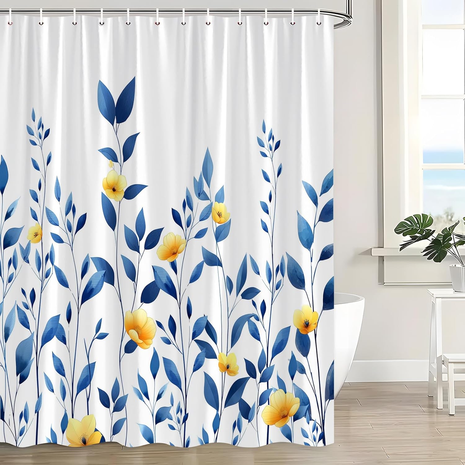 Blue Yellow Flower Leaf Shower Curtain Spring Watercolor Leaves Floral Eucalyptus Art Nature Rustic Plant Botanical Fabric Bathroom Curtain with Hook
