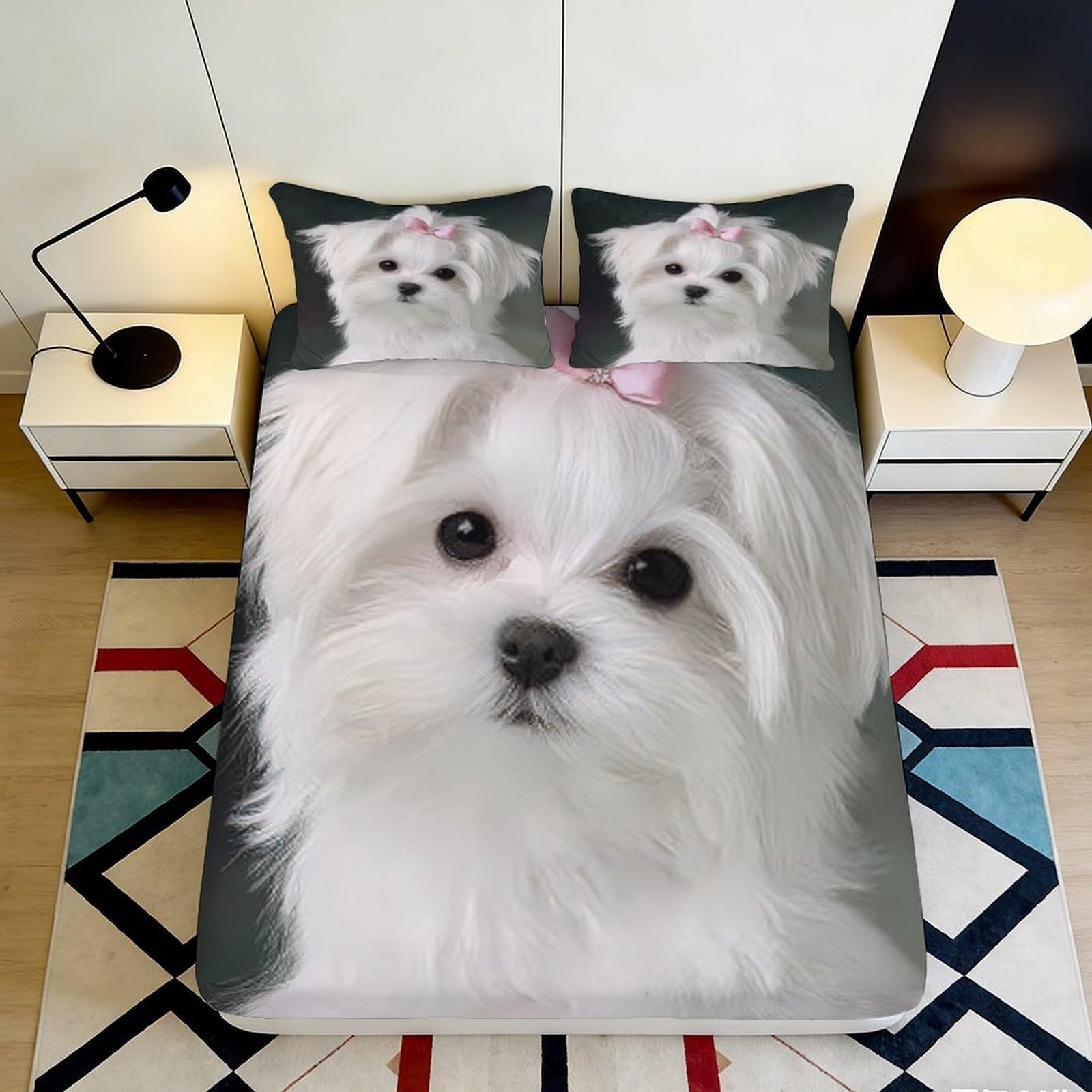3D Printed Cute Puppy Fitted Sheet Microfiber Deep Pocket Non-Slip Dog Mattress Fitted Cover Soft for Bedroom 140x200x25cm