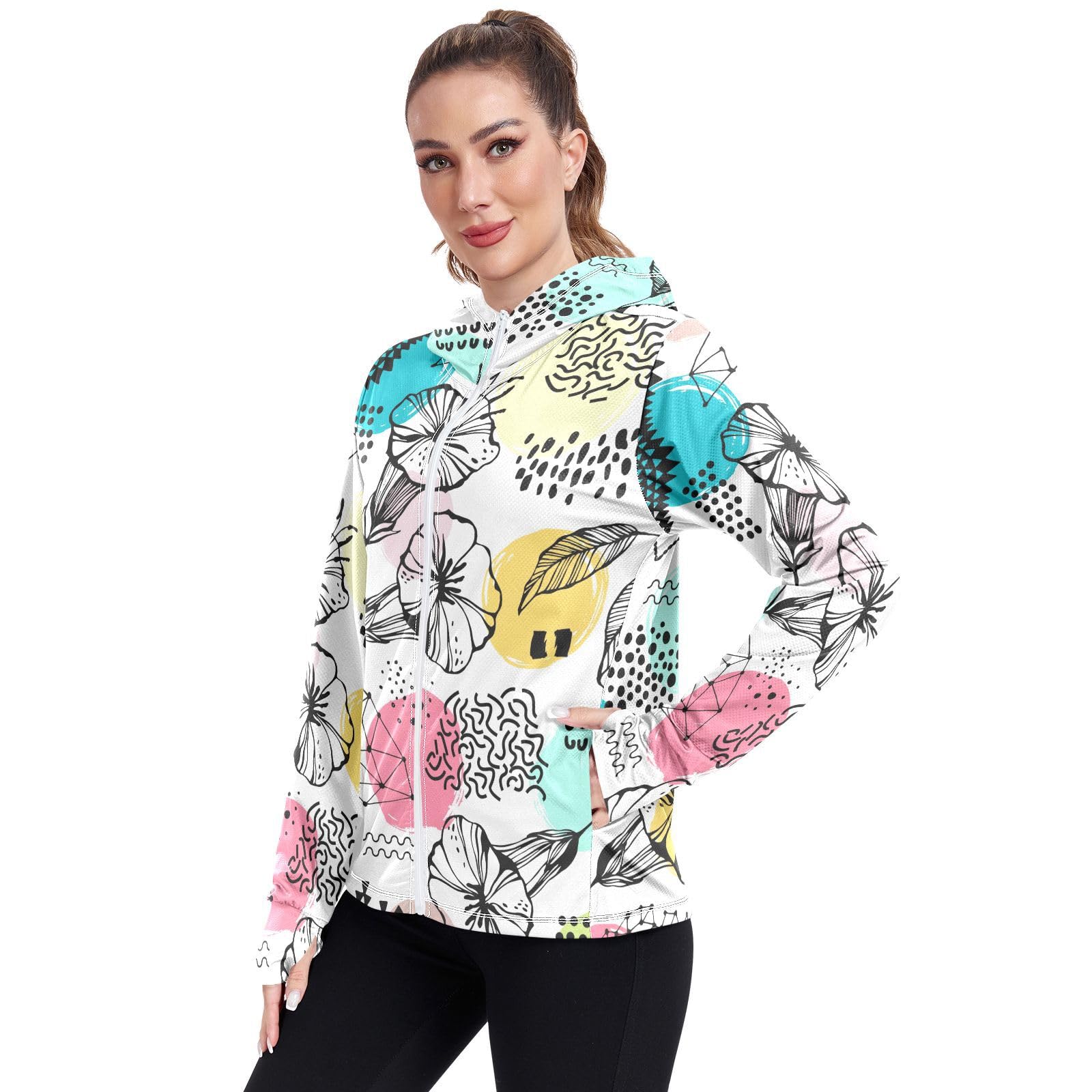Tropical Flower Art Women's UPF 50+ Sun Protection UV Jacket - Zip Up Hoodie Long Sleeve Hiking Fishing SPF Performance Shirt with Pockets Thumbhole