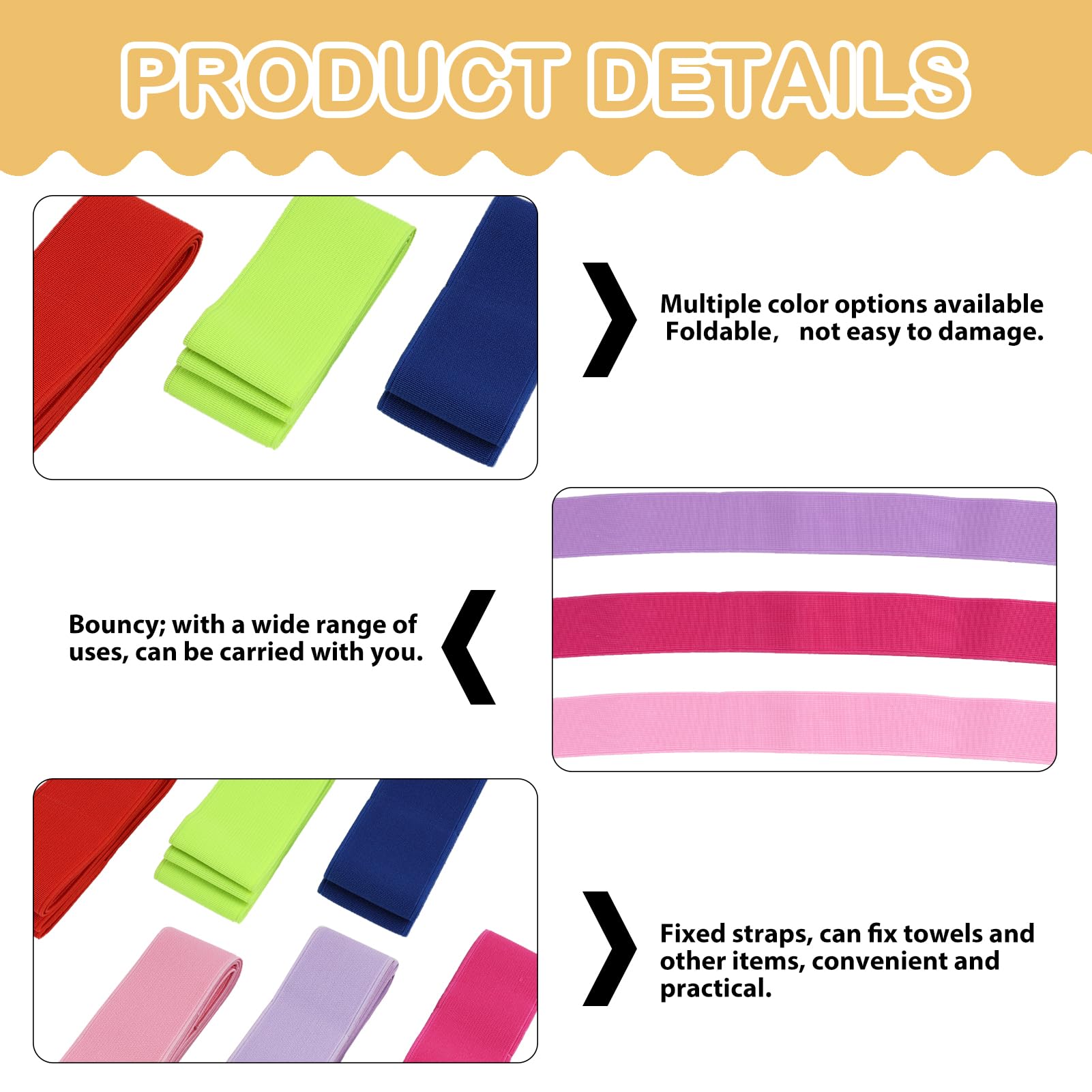 Paquete de 6 bandas de toalla para crucero, playa, tumbona, piscina, sillas de piscina, clips de toalla elásticos extra duraderos, sin broches, accesorios esenciales para cruceros y playa