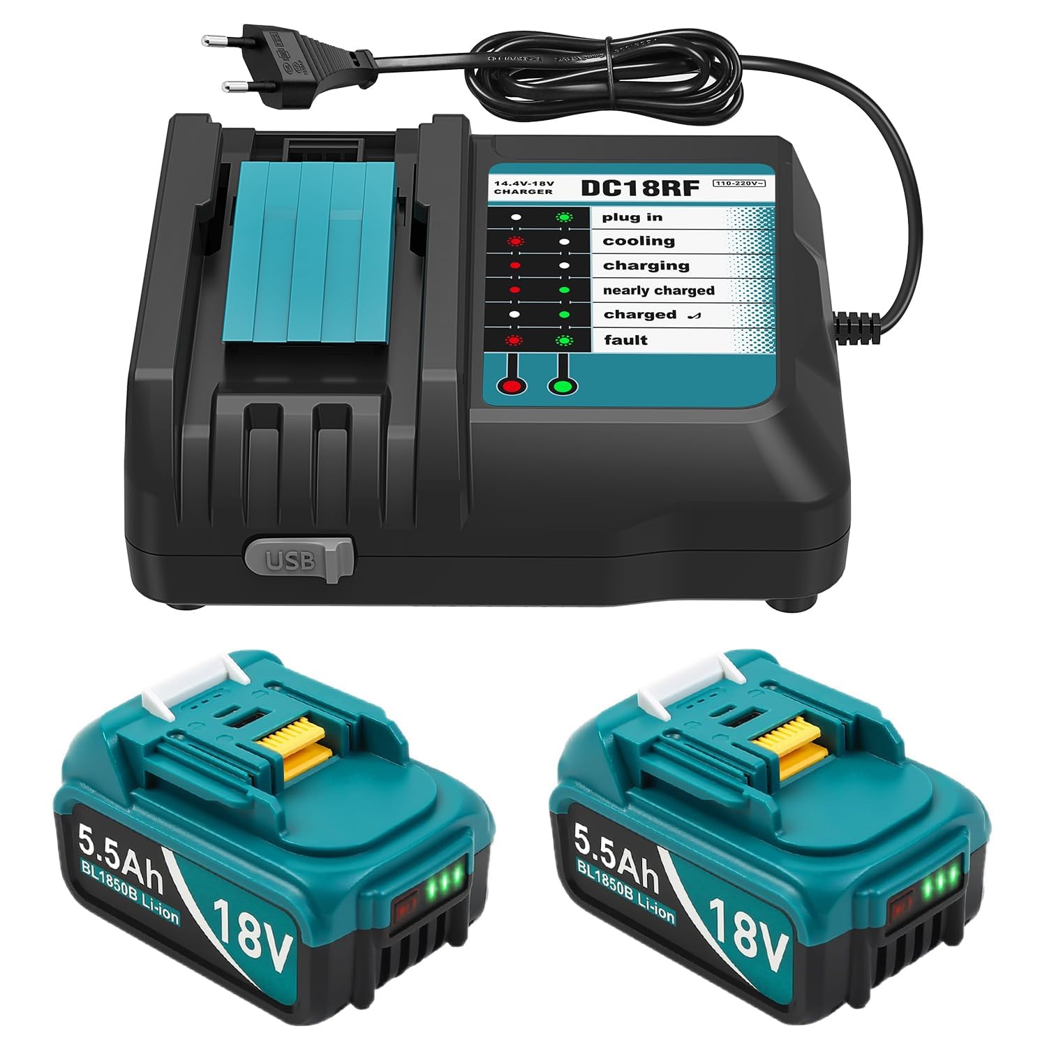 DC18RF Ladegerät + 2Stücke Ersatzakku für 18V Akku 5500Ah Kompatibel 18 V Li-Ion Ersatzakku BL1815 BL1830 BL1840 BL1850 BL1860 BL1890 BL1415 BL1430 BL1440