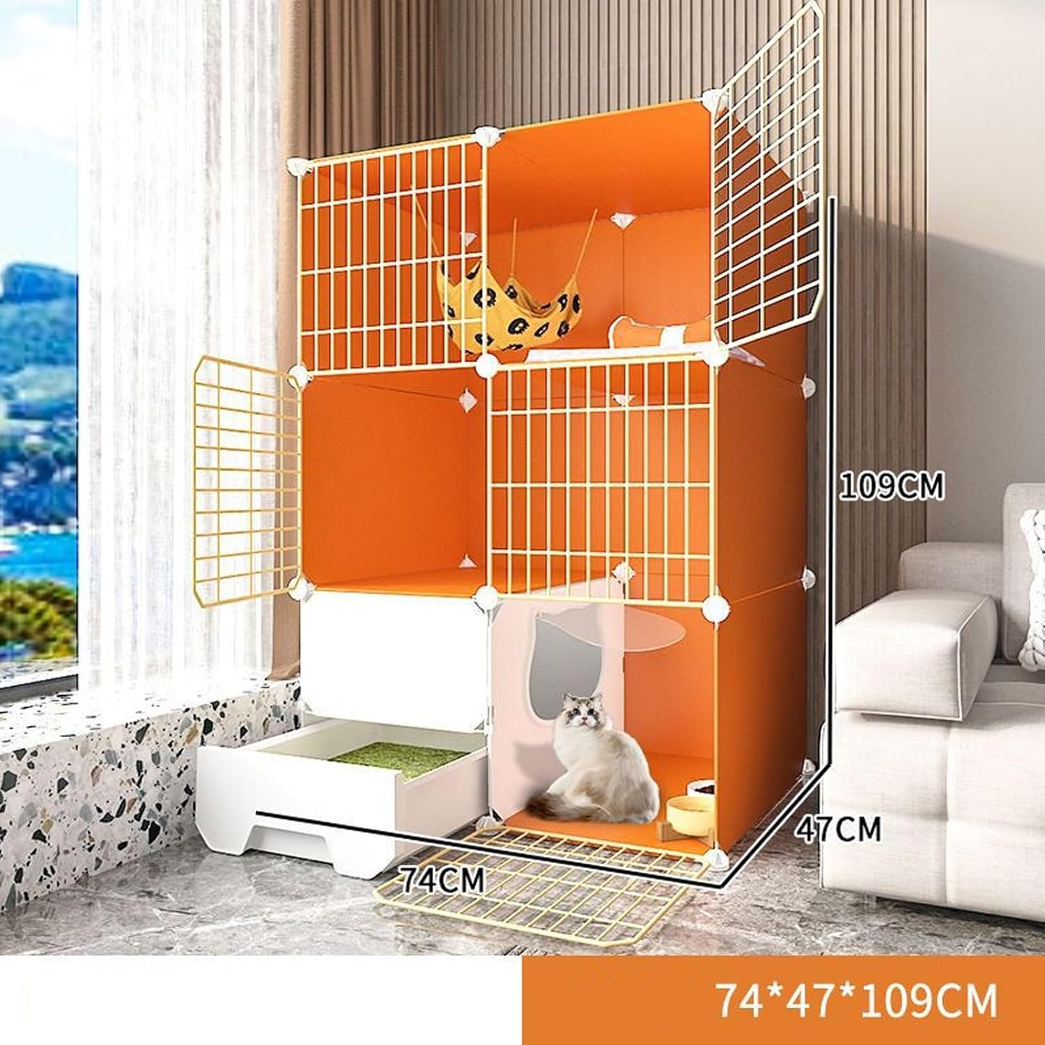 Cat Cage with Cat Litter Box, Cat Enclosures Indoor DIY Kitten Crate Semi-Enclosed Detachable Metal Wire Cat Playpen for Small Animal, Exercise Place for 1-3 Cats (Orange C)