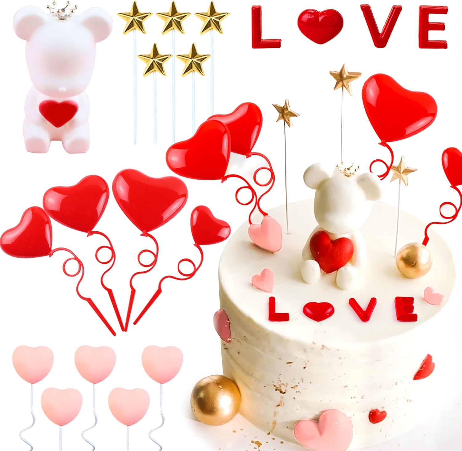 LaVenty 18 PCS Romantic Valentines Day Cake Decoration Heart Love Cake Topper Heart Rose Cake Decoration Valentine's Day Gift for Wedding Engagement Party Supplies, Red