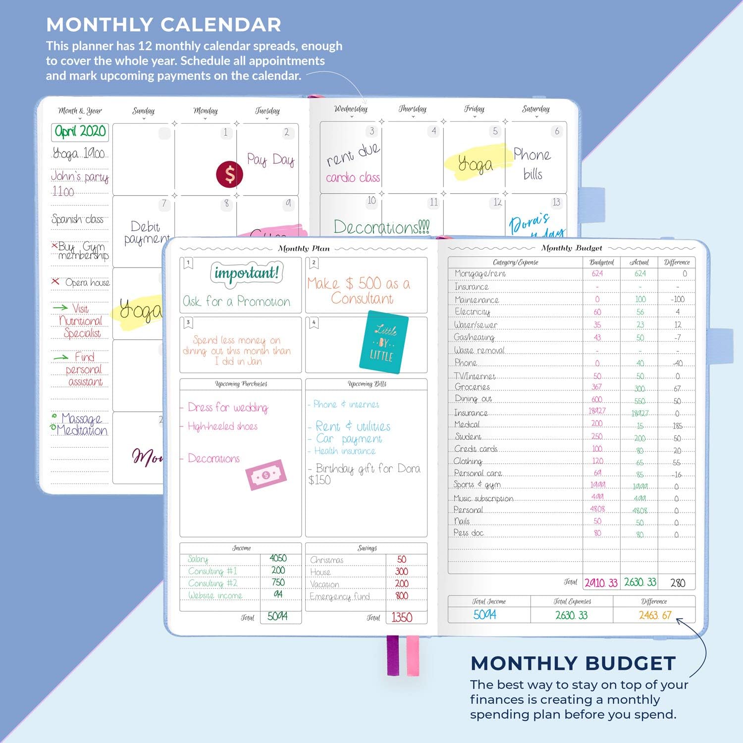 GoGirl Budget Planner – Monthly Financial Planner Organizer Budget Book. Expense Tracker Notebook Journal to Control Your Money. Undated – Start Any Time, A5 – 5.7" x 8.5", Lasts 1 Year – Light Blue : Office Products