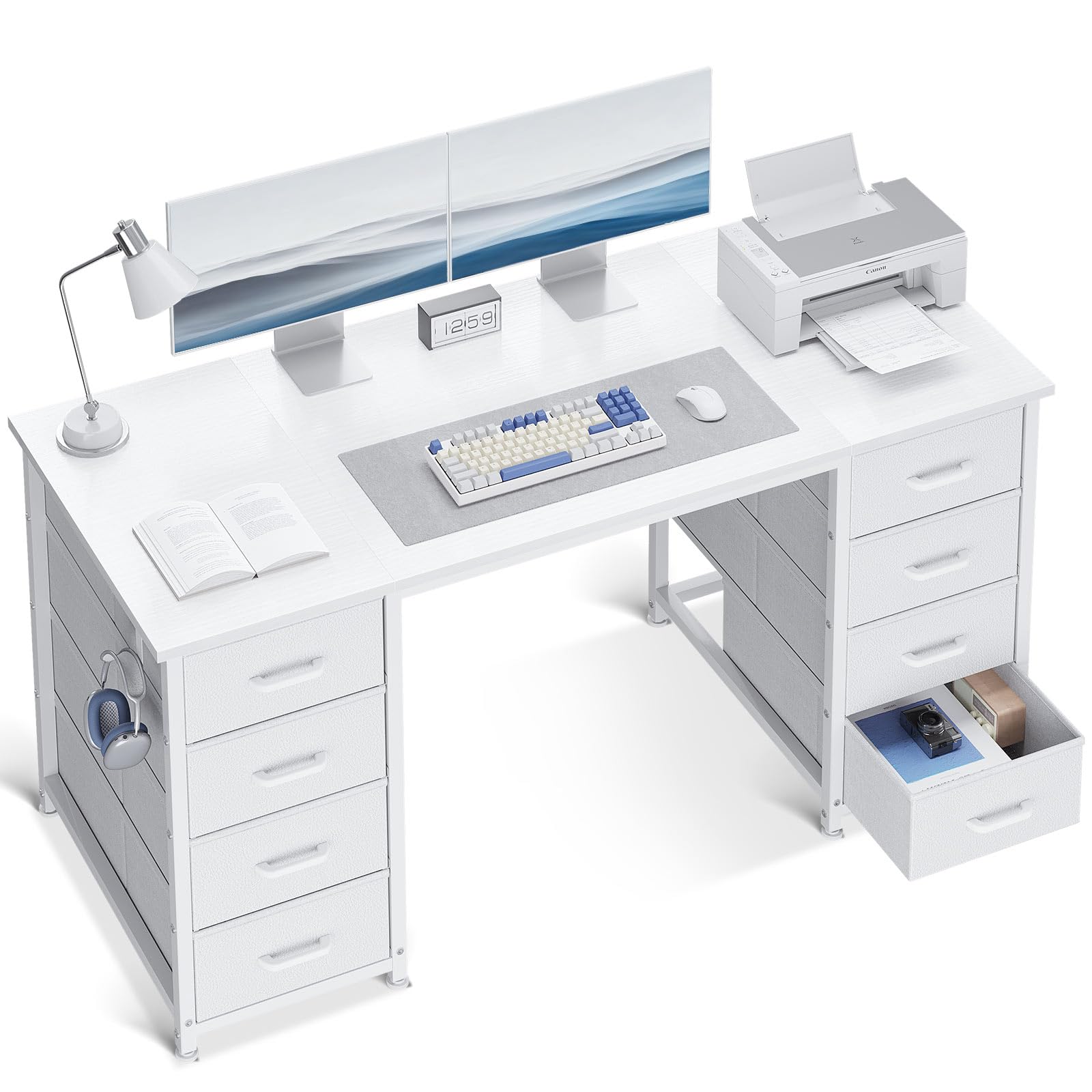 ODK 48 Inch White Computer Desk with 8 Fabric Drawers, Modern Office Desk with Large Storage for Home Office, Study, Gaming, White