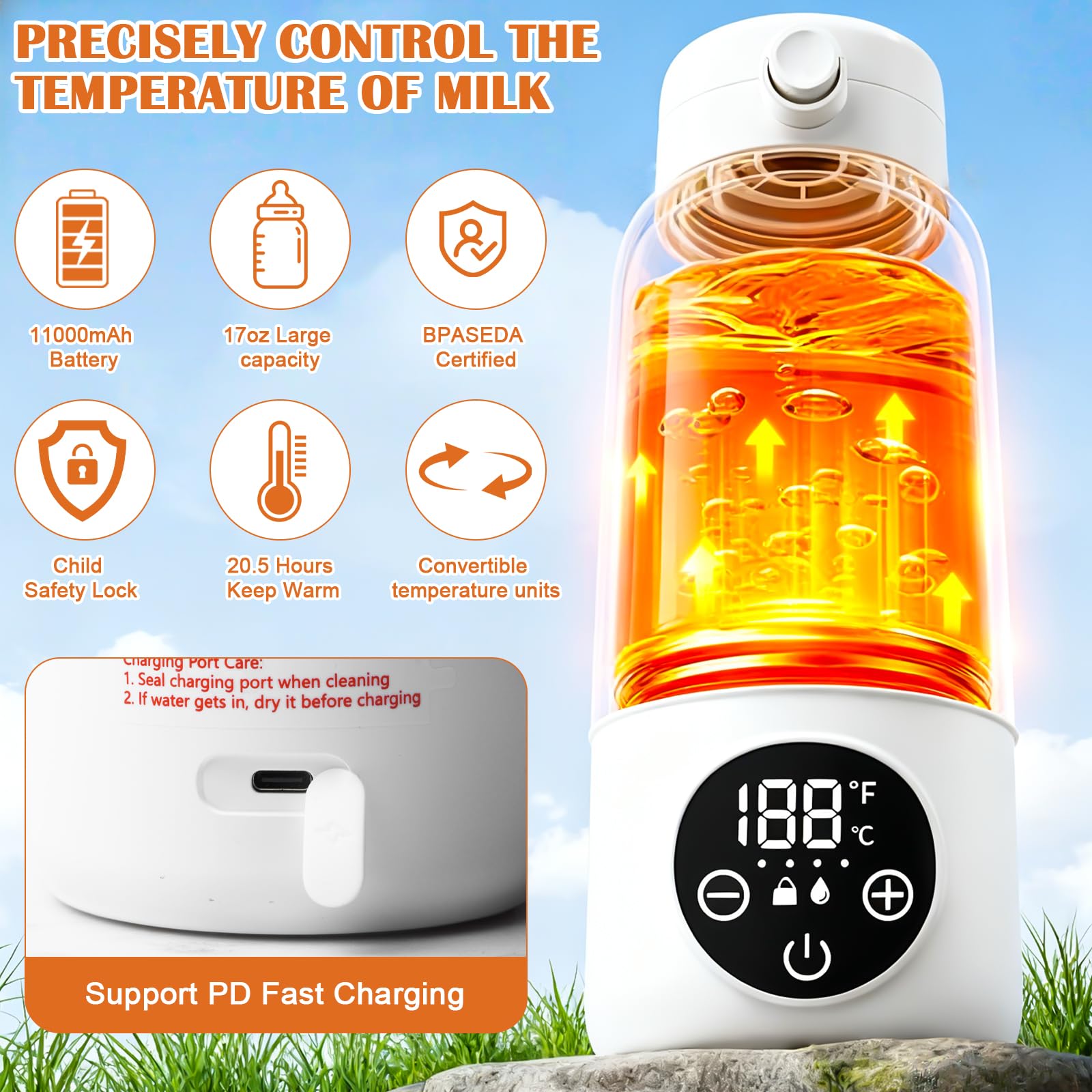 Scaldabiberon portatile per neonati, 500 ml, con controllo preciso della temperatura, 45 °C - 55 °C, senza BPA, per latte materno e formula, viaggi e notte