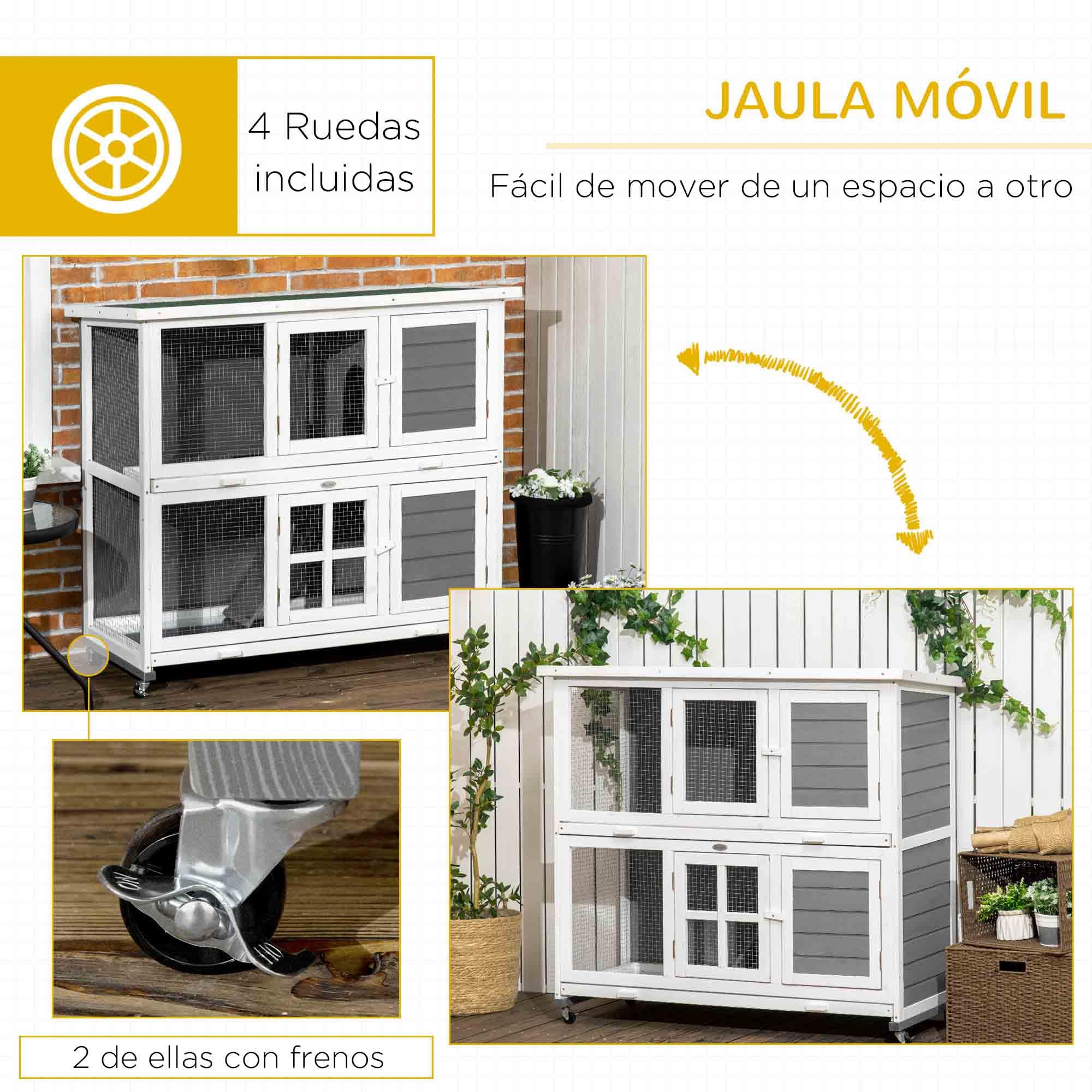 PawHut Conejera de Madera de 2 Niveles Jaula para Conejos con Ruedas 2 Puertas Techo y 2 Bandejas Extraíbles Conejera para Interior y Exterior 119x50,5x109 cm Blanco y Gris