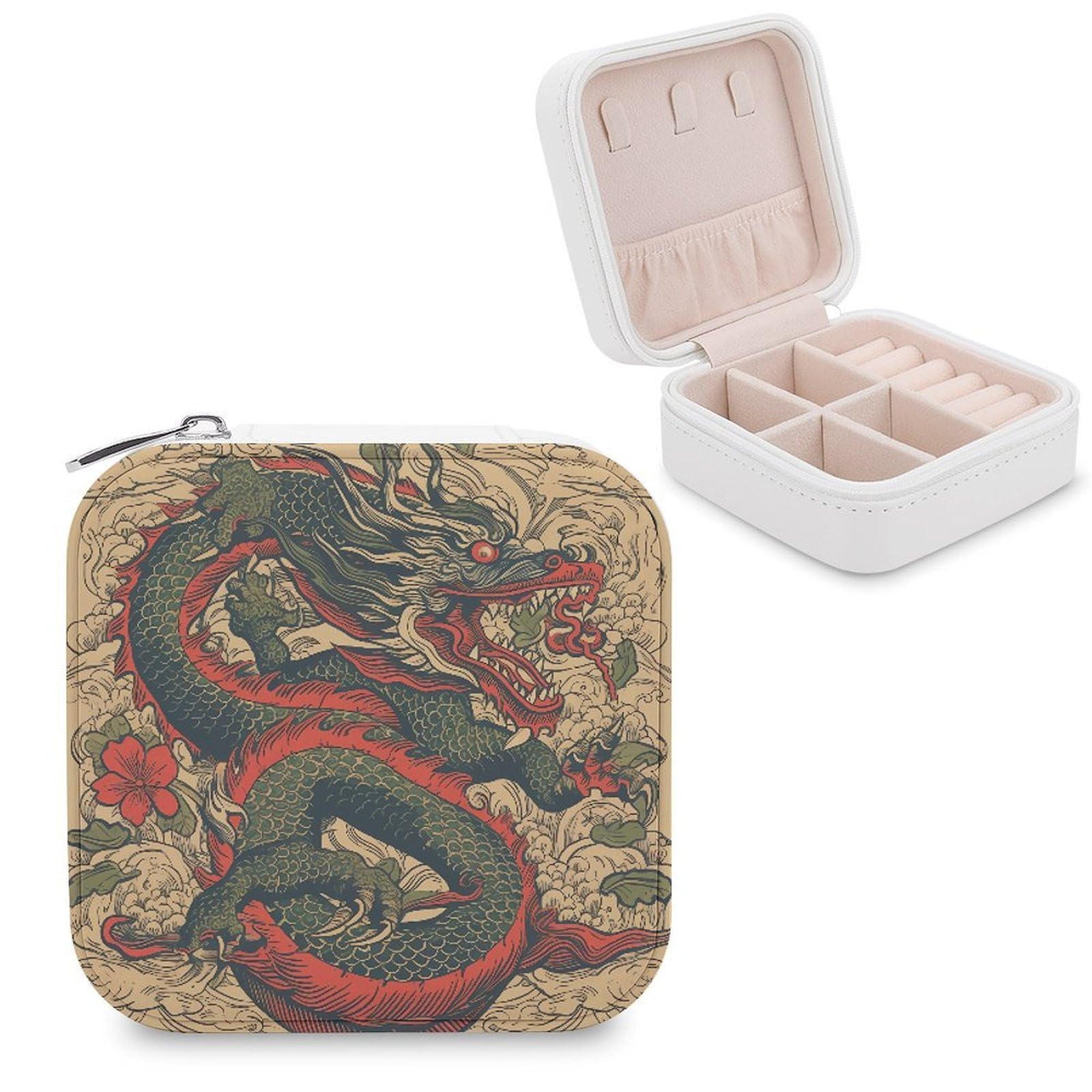 FekiLoot Beige Dragon Pattern Jewelry Case Personalized Leather Jewelry Box Mini Travel Jewelry Case Small Portable Jewelry Organizer for Ring Earrings Necklace Bracelet