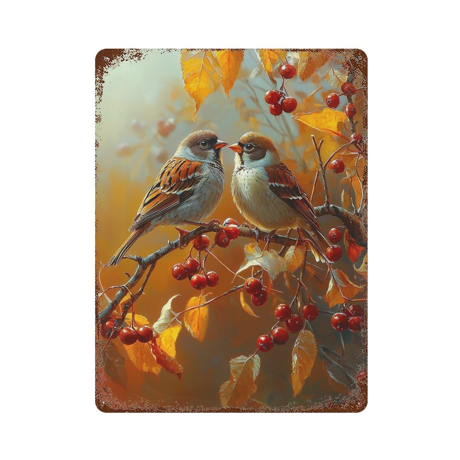 Autumn Birds with Berries Rust Effect Tin Sign 15.7"x11.8", Industrial Home Decor for Garage, Pub Or Kitchen