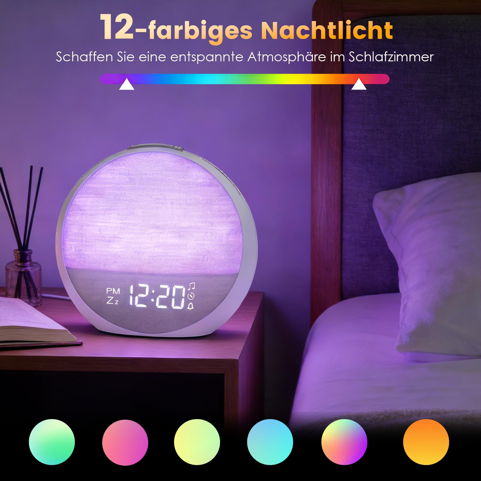 Tageslichtwecker Lichtwecker, Sonnenaufgang Wecker mit Wake Up Light, 11 Lichtfarben, 30 Beruhigenden Klängen, 7 Alarmtönen, 10 Helligkeitsstufen, Bluetoothfunktion & Snooze für Schlafzimmer