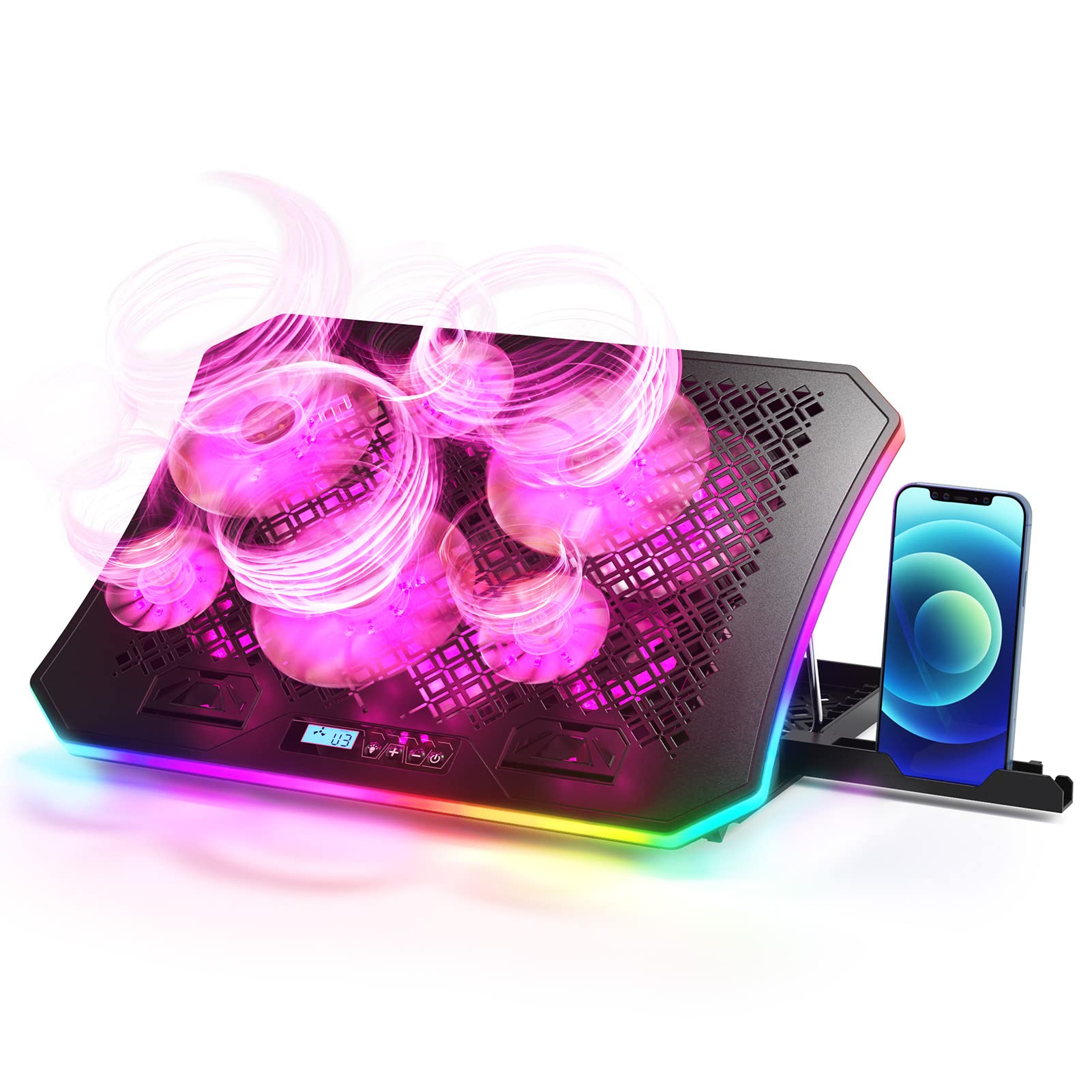 Almohadilla de refrigeración para laptop, KeiBn RGB para portátiles de 15.6 a 17.3 pulgadas, con 10 modos de luz, 6 ventiladores, 7 soportes de altura, 2 puertos USB, uso de escritorio o regazo