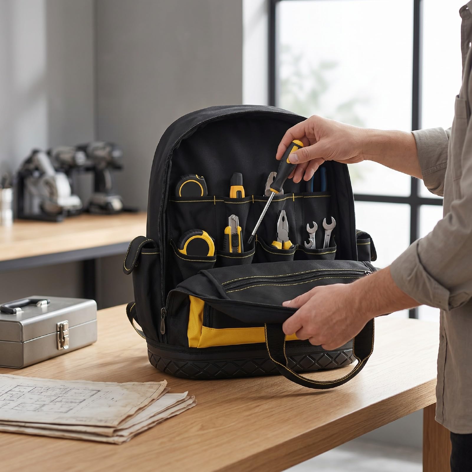 Generic Mochila para Herramientas de Alta Resistencia con Base Dura Moldeada para Electricistas, Fontaneros y Trabajadores de Climatización, en Tela Oxford Duradera