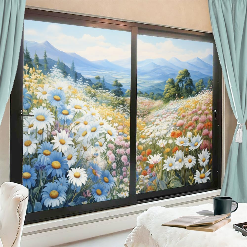 Watercolor Daisy Window Film Coverings Colorful Garden Mountain Tree Window Privacy Film Self-Adhesive Glass Film Decorative Sticker Frosted Film for Home Office 17.7Wx23.6L-inch x2 Pcs