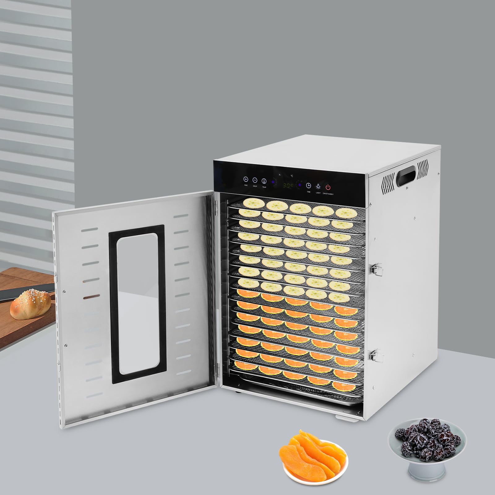 Essiccatore per alimenti in acciaio inox, 1350 W, 16 ripiani, con pannello touch, circolazione dell'aria calda orizzontale, protezione contro il surriscaldamento, essiccatore per casa, caffetteria