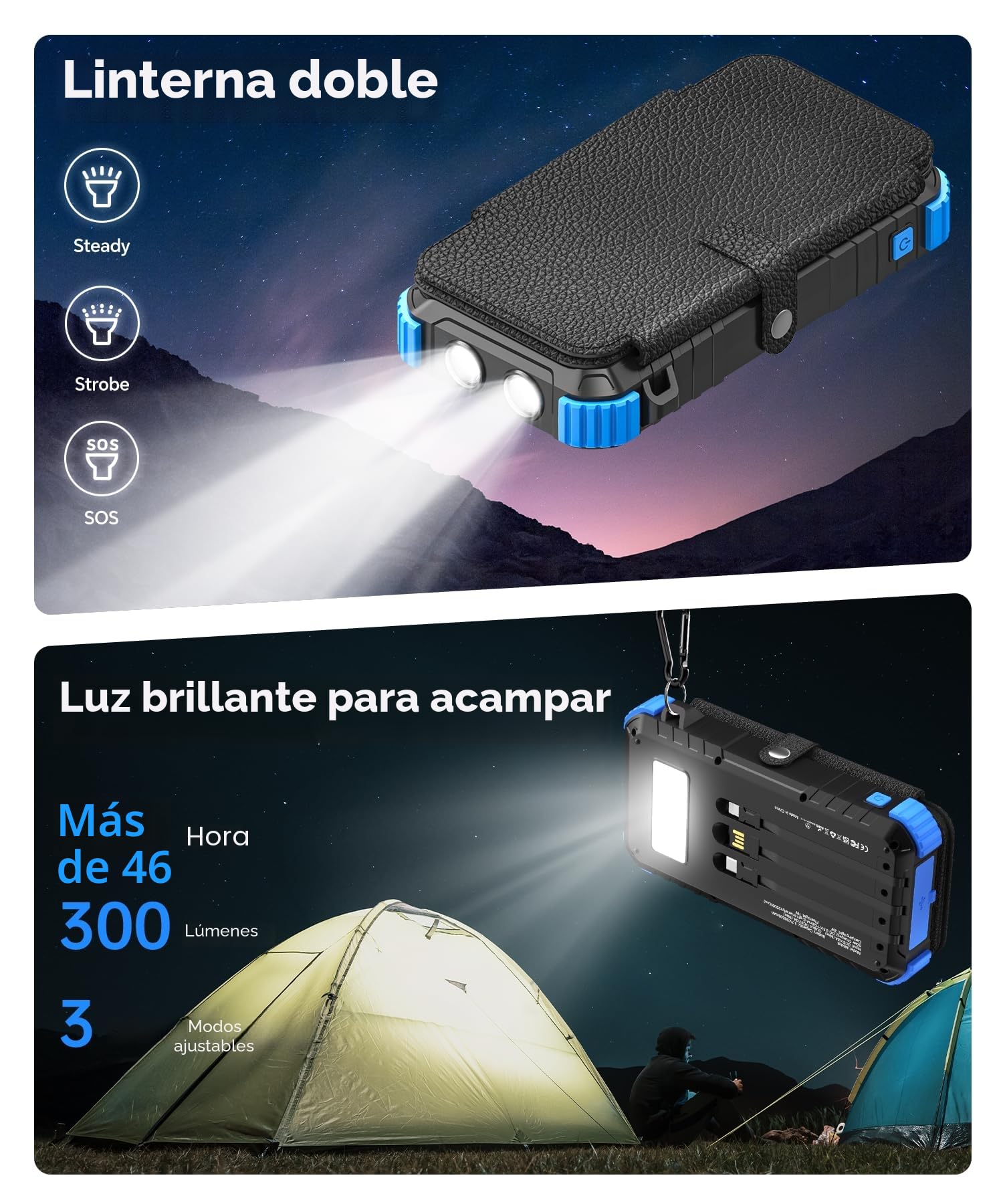 Cargador Solar de 26800mAh con 4 Paneles Solares, USB C 15 W Carga Rápida, 5 Salidas y 3 Cables, Power Bank Solar para Exteriores con Mosquetón y Linternas para Camping, Teléfonos y Tabletas