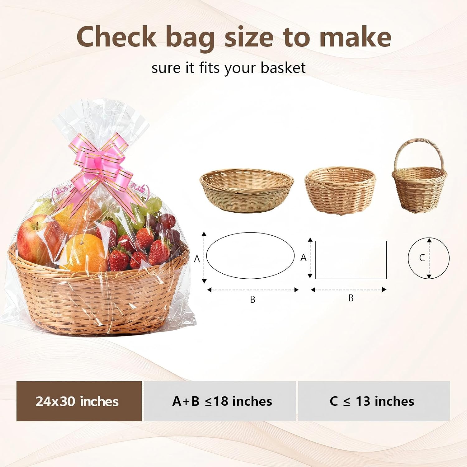Boensi 8 Pack Extra Large Cellophane Bags with Pull Bows,24x30 inches Clear Hampers Bags for Gift Baskets,Halloween, Easter, Christmas Fruit Basket and Gift Packaging
