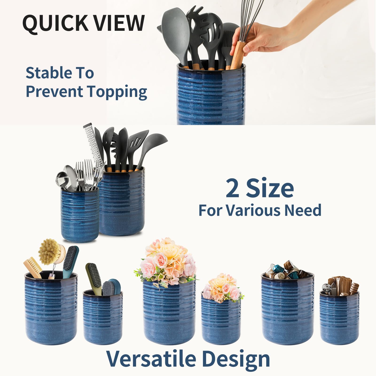 Hasense Utensilienhalter, 18,8 cm + 13,7 cm, Keramik-Kochutensilien-Topf für Küchentheke, 2 Stück, Utensilien-Organizer für Spatel und Löffel, Küchendekoration, Marineblau
