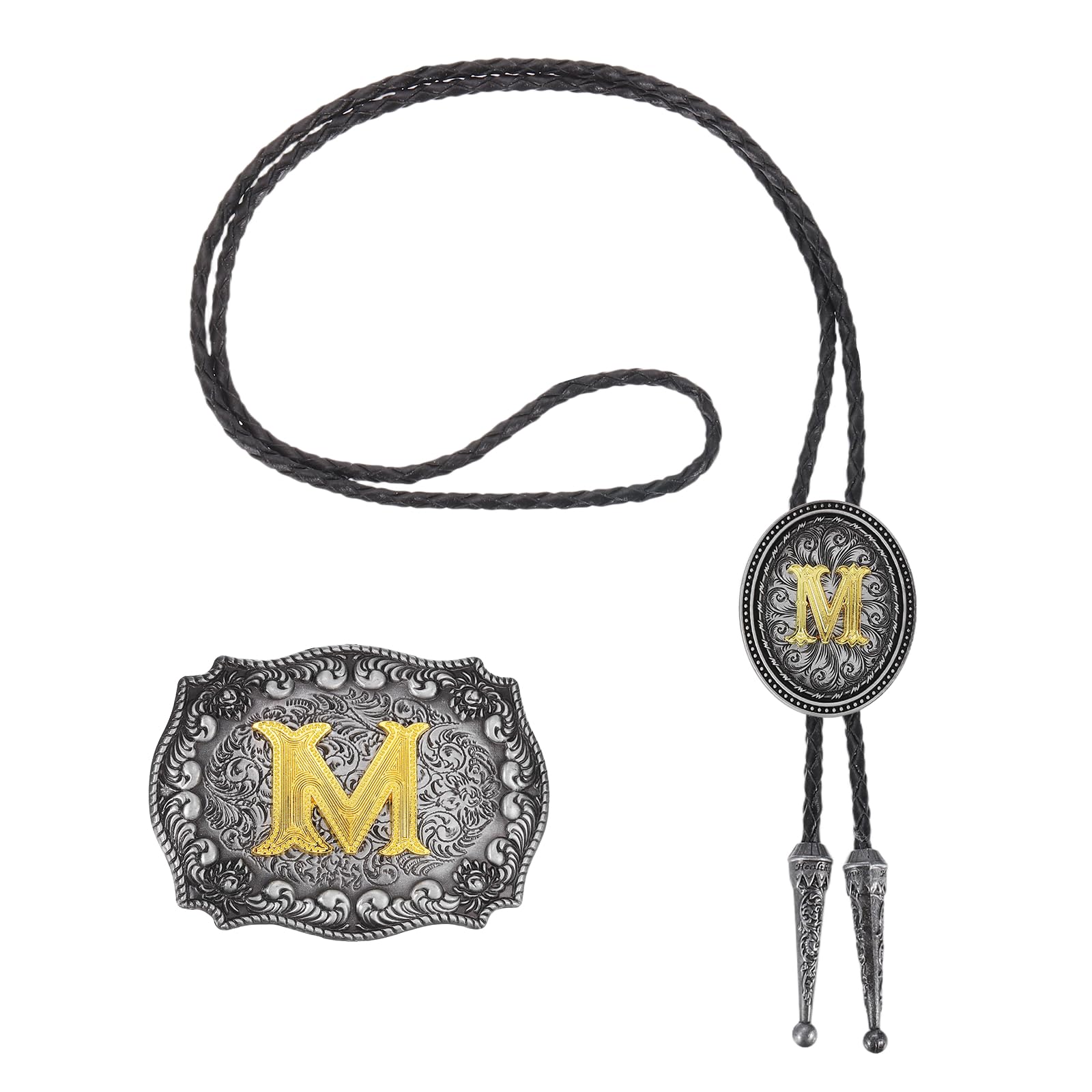 QUARKZMAN 2 Pcs Western Cowboy Bolo Tie And Belt Buckle Set Golden Initial Letter M Cowhide Rope Necktie For Women Men Costume Traditional Vintage Accessories, Grey Black/Gold