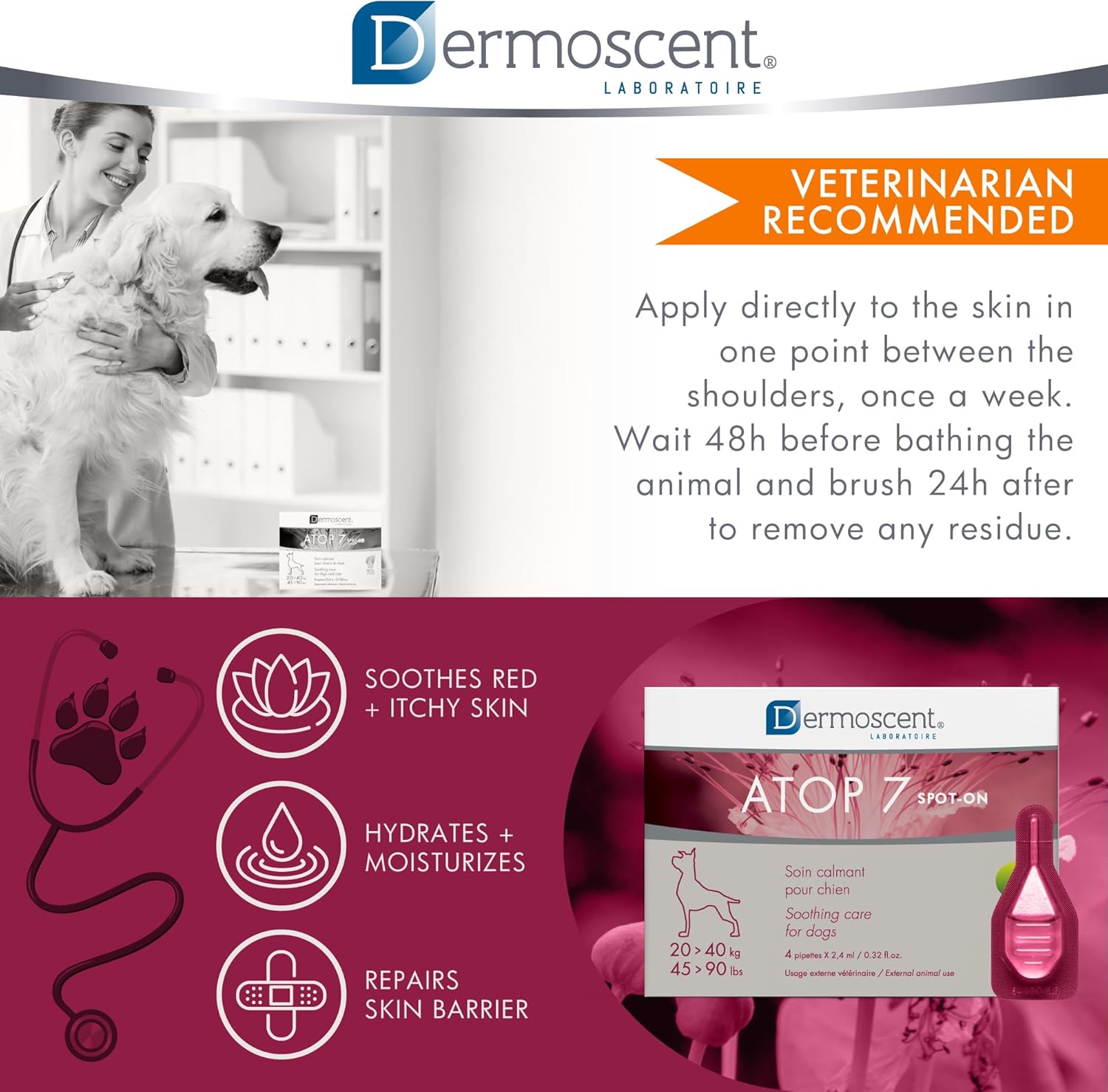 Dermoscent ATOP 7 spot-on - Large Dogs 45-90 lbs - Soothing Care for Sensitive, Dry and Itchy Skin or Allergy Prone Skin - Natural Ingredients - 4 pipettes