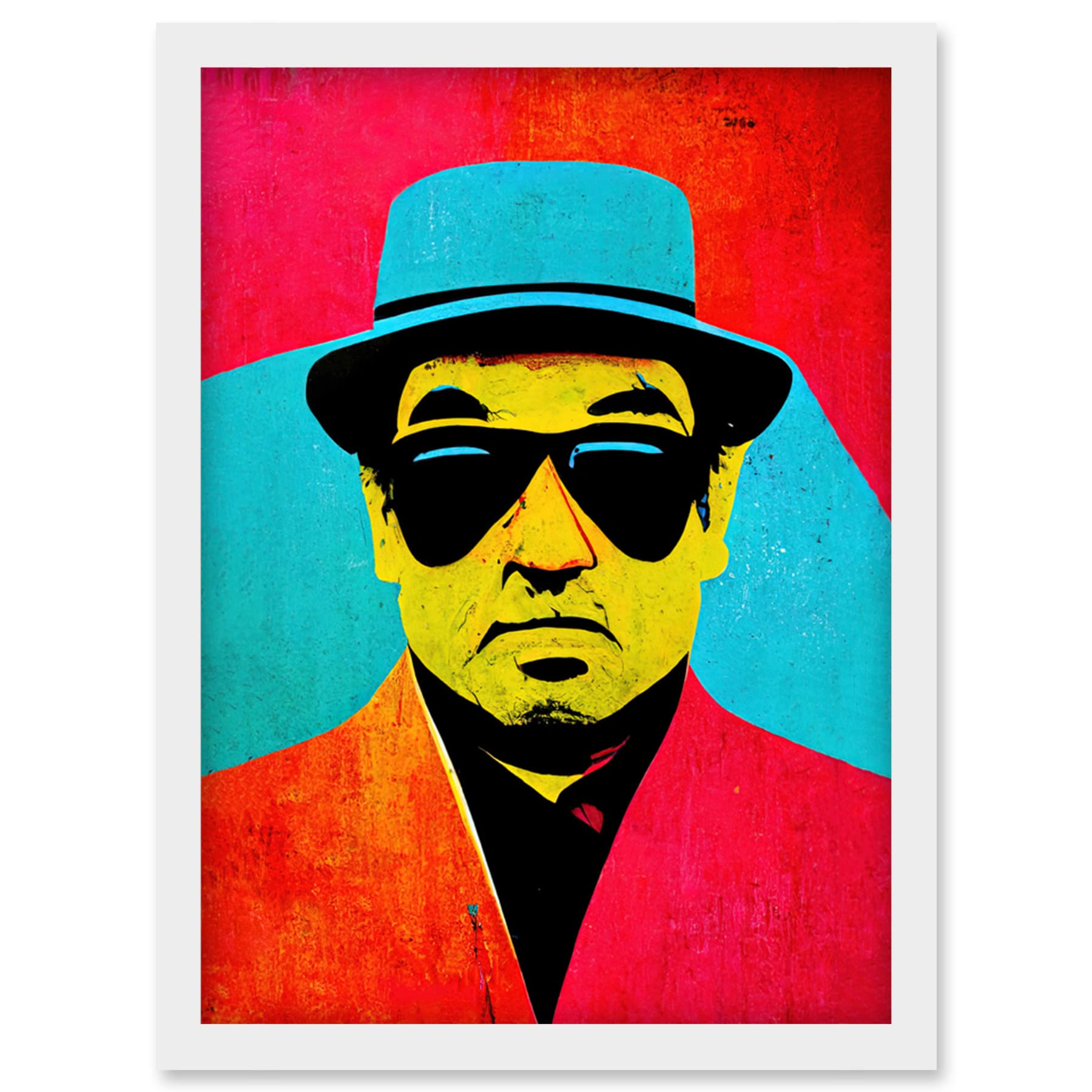 Wee Blue Coo Framed White A4 Pop Art Bright Jazz Musician Pork Pie Hat Sunglasses Red Turquoise Yellow Artwork Framed Wall Art Print A4