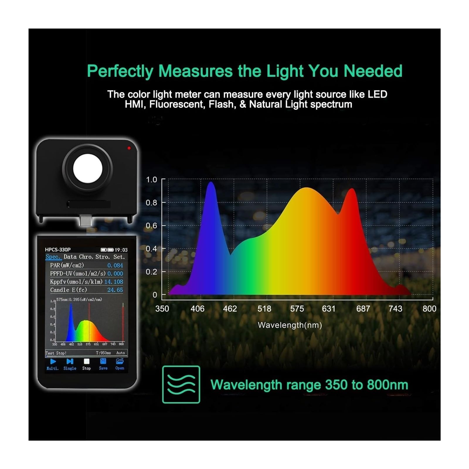 Spettrometro portatile portatile HPCS-330 a lunghezza d'onda 380-780nm, misuratore di luce CCT CRI ad alta precisione, analizzatore di spettro LED Ampia gamma di misurazione(HPCS300)