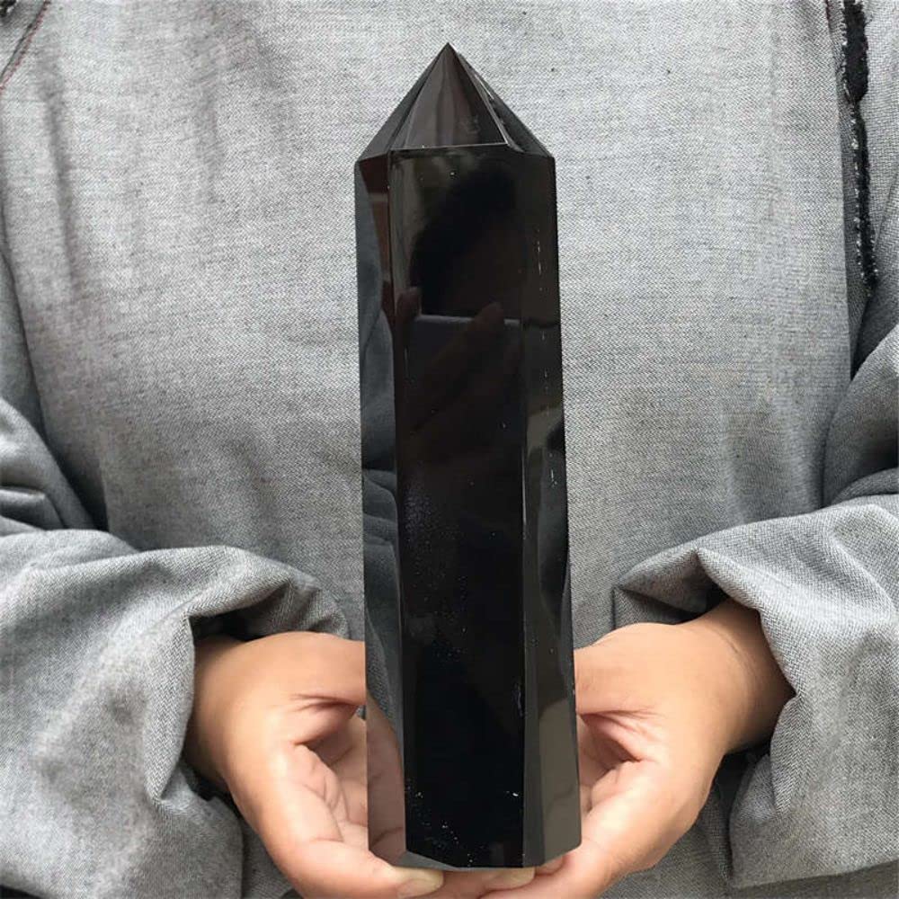 KJEBVHIRS Black Obsidian Hexagon Point Hand Polished Crystal Wand Column Stone Tower 1pc Ornaments (Size : 400-490g)