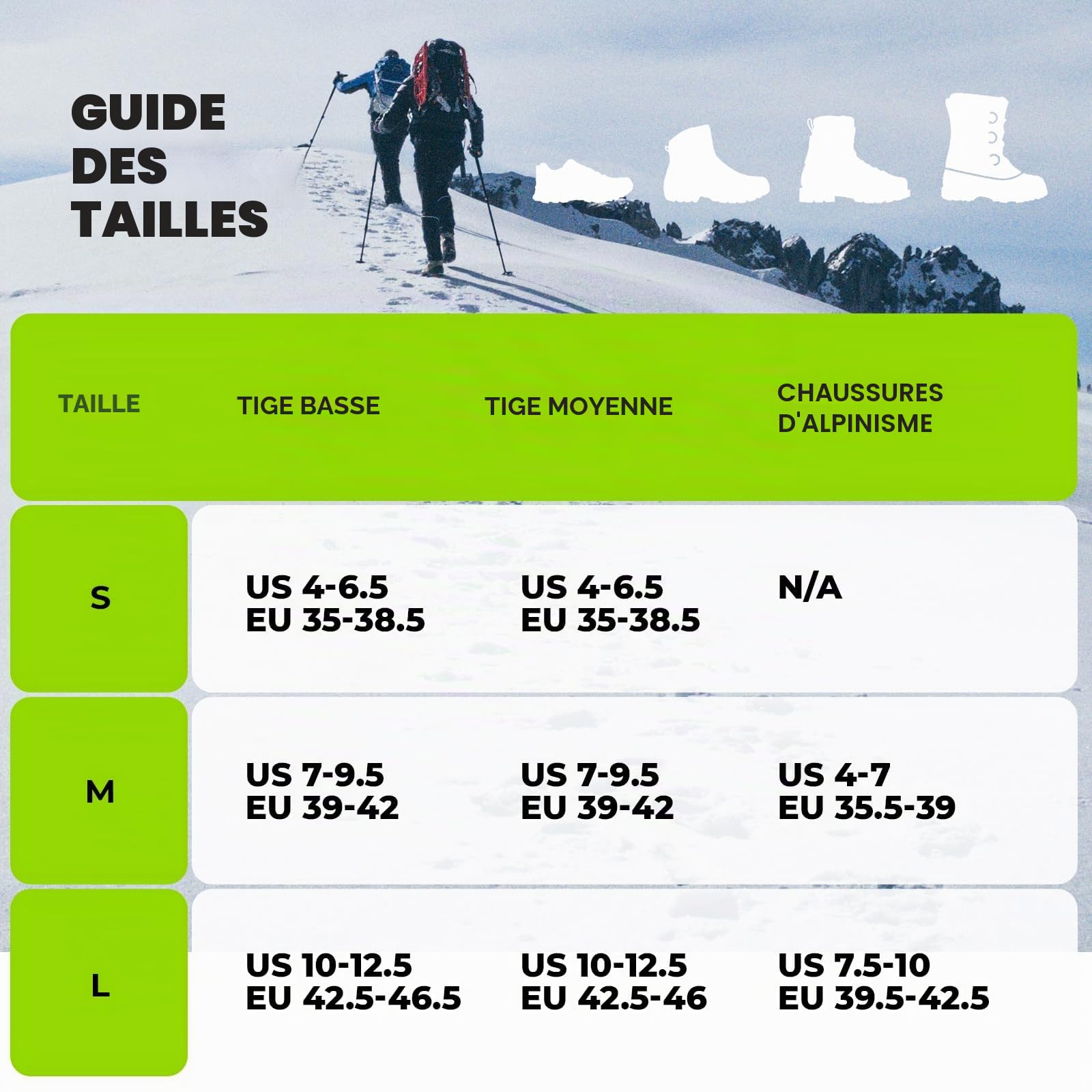 Crampons Antidérapants avec 22 Pointes en Acier Inoxydable, Chaussures d’Alpinisme Antiglisse pour Homme Femme, Randonnée, Trail, Pêche sur Glace, avec Pochette, Noir Vert, S/M/L