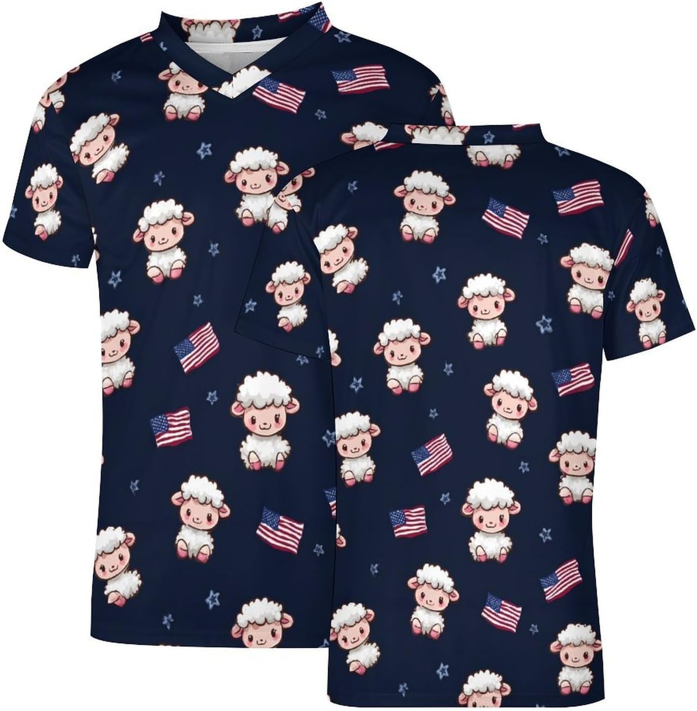 Cute Lamb U.S. Flag Funny Football Jerseys Casual V-Neck Short Sleeve Soccer Jersey T-Shirt
