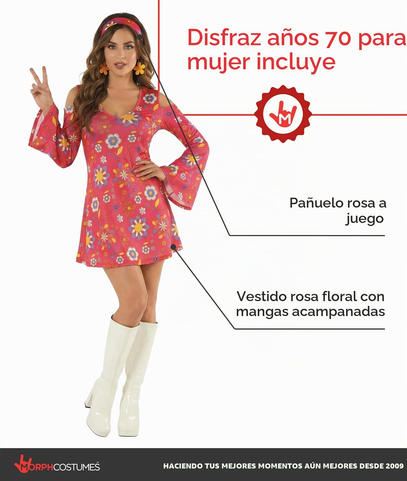 Morph Disfraz Hippie Mujer Adulto Vestido Floral Estampado Estilo Setenta Cinta Pelo Fiesta Carnaval Halloween